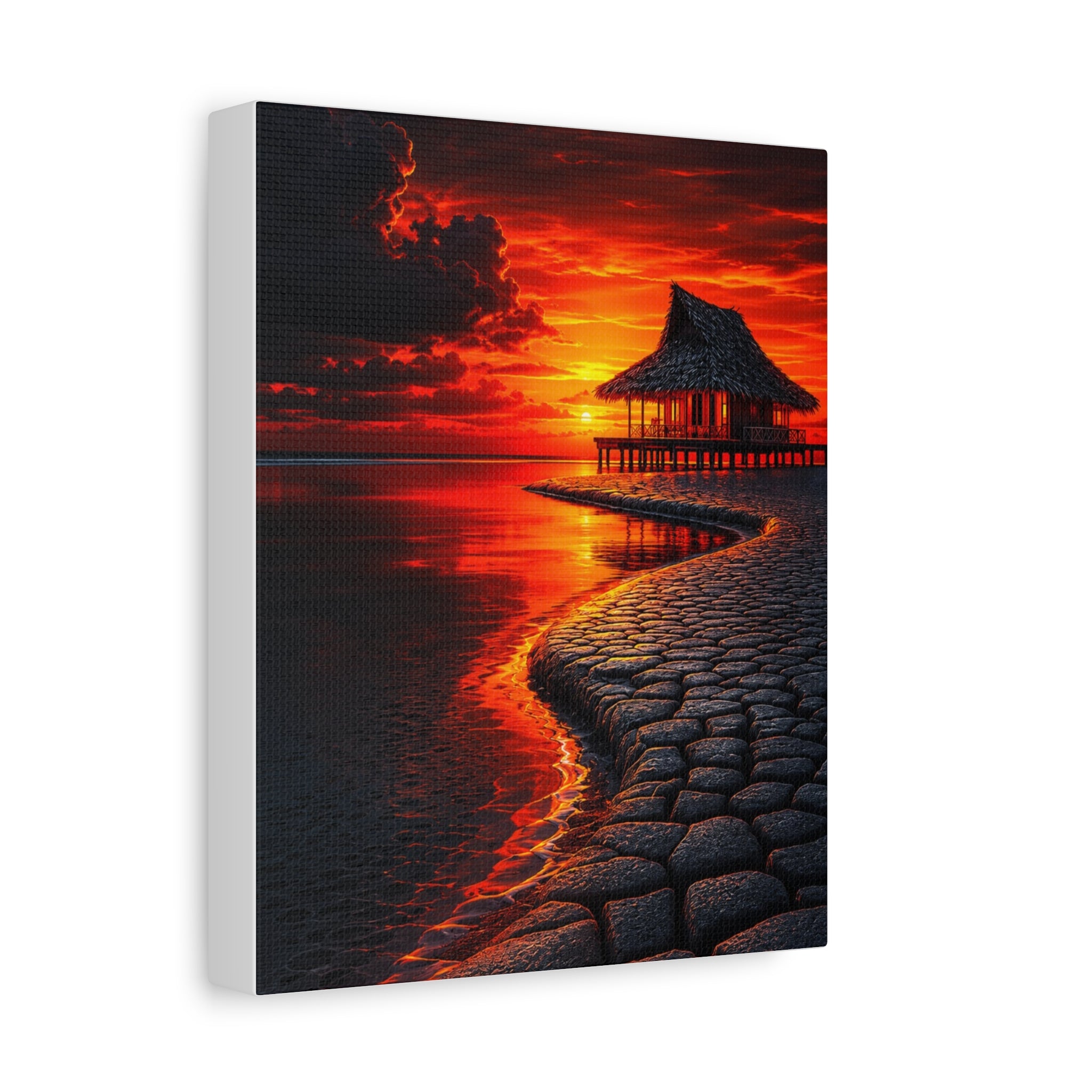 Tropical Sunset Canvas Wall Art — Exotic Hut over Lava-Red Ocean, Matte Stretched 1.25"