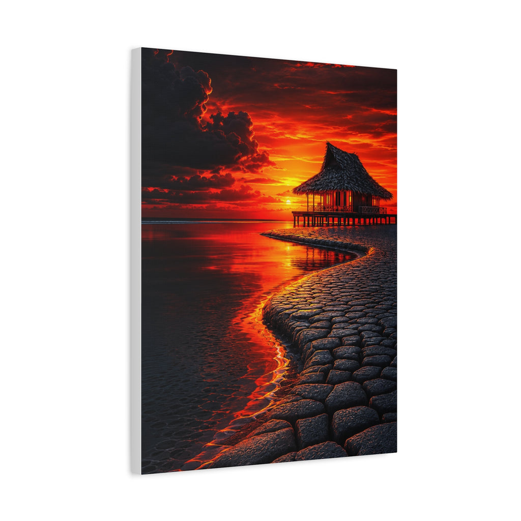 Tropical Sunset Canvas Wall Art — Exotic Hut over Lava-Red Ocean, Matte Stretched 1.25"