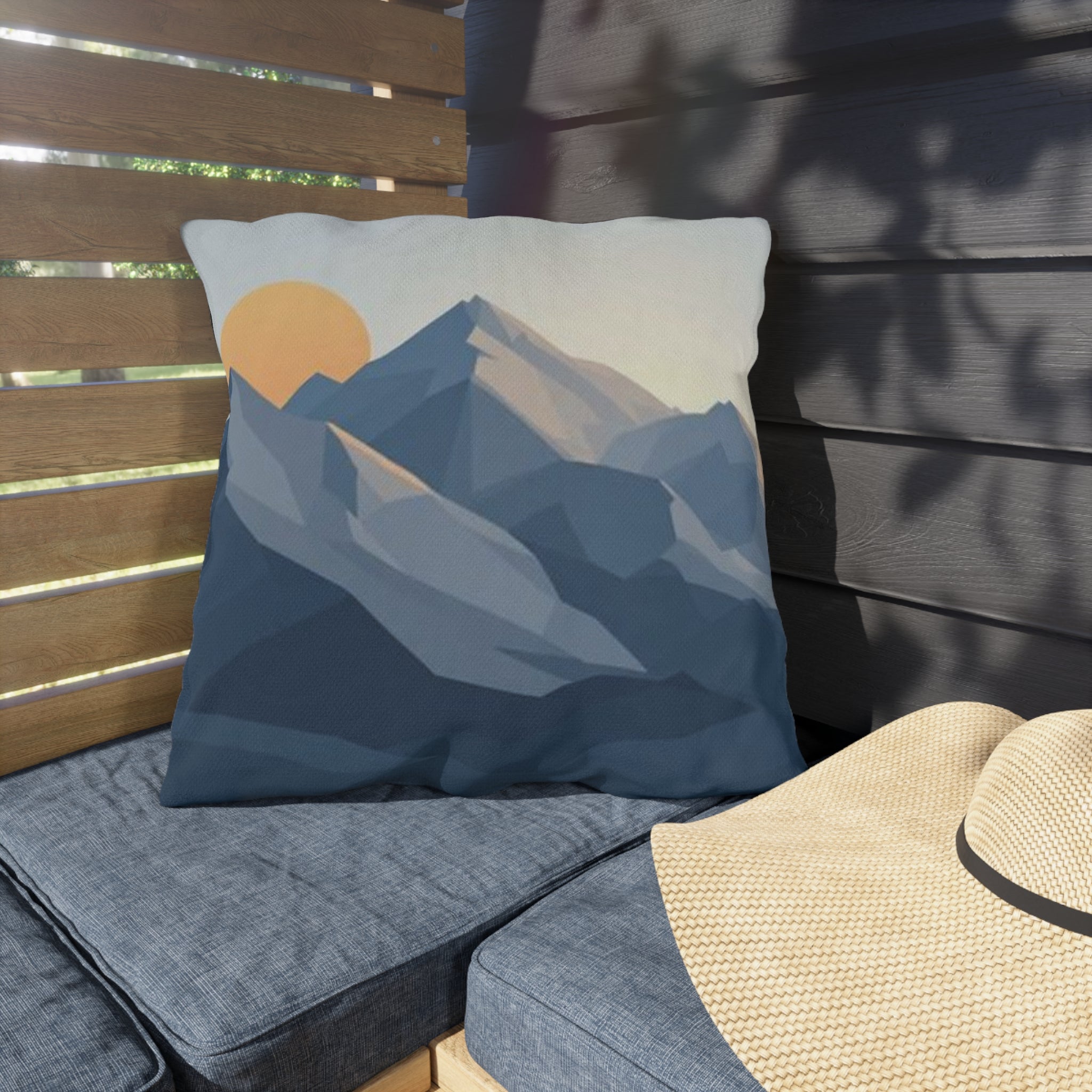 Mountain Sunrise Outdoor Pillow — Geometric Blue Peak Throw Pillow for Patio & Deck