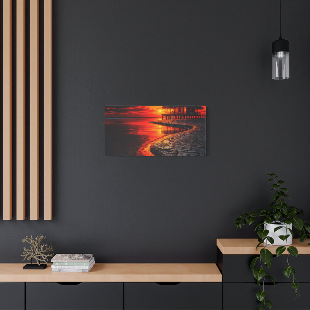 Tropical Sunset Canvas Wall Art — Exotic Hut over Lava-Red Ocean, Matte Stretched 1.25"