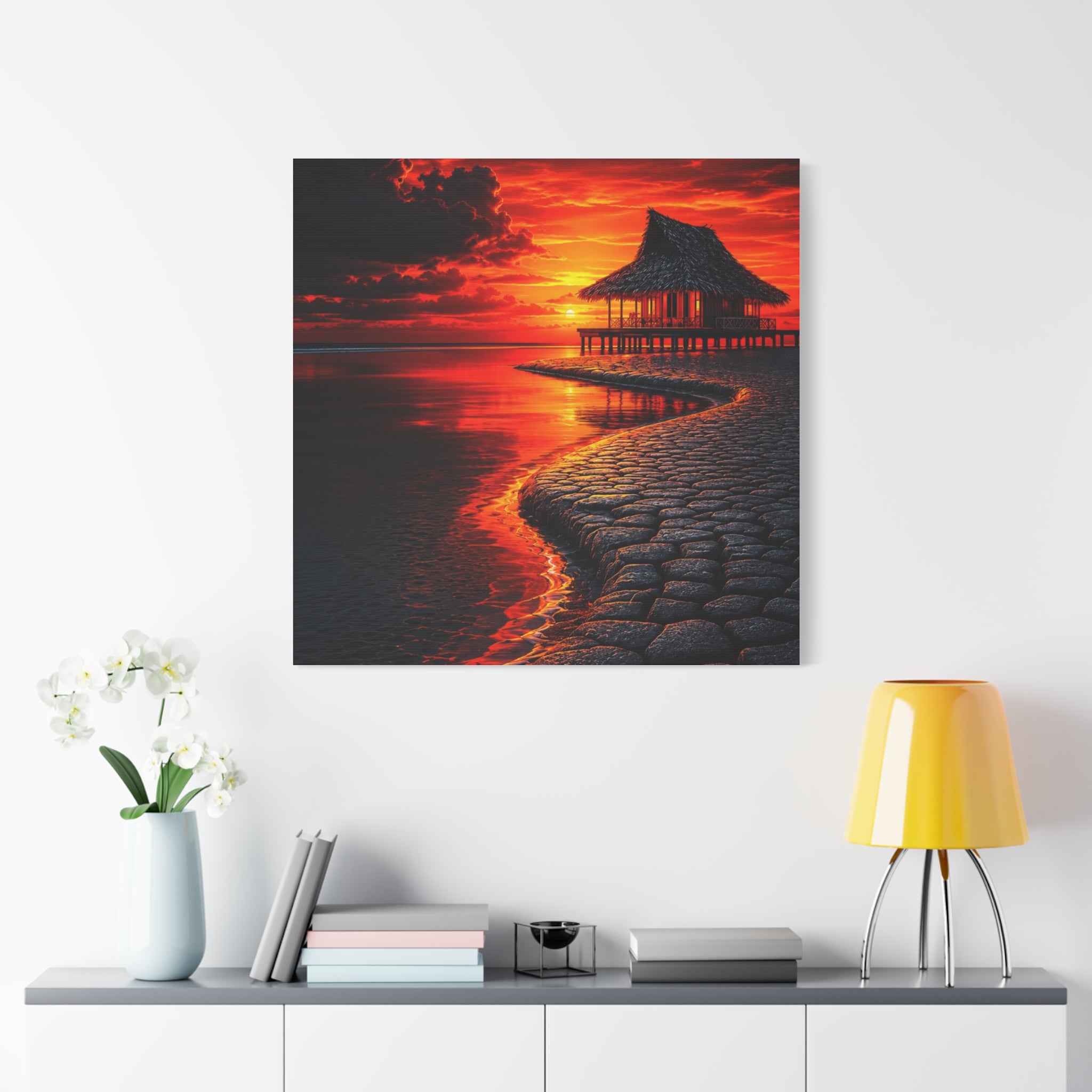 Tropical Sunset Canvas Wall Art — Exotic Hut over Lava-Red Ocean, Matte Stretched 1.25"