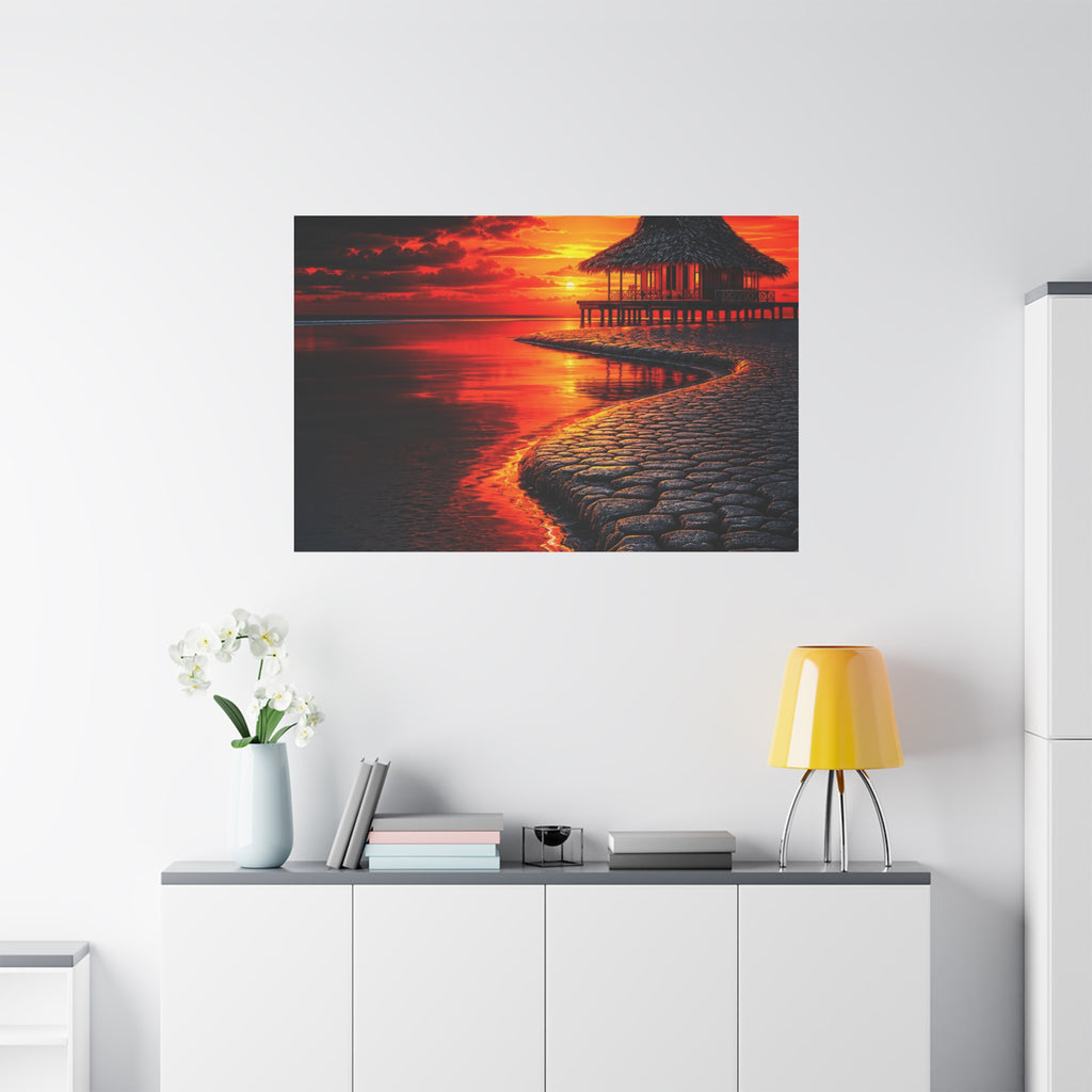 Tropical Sunset Canvas Wall Art — Exotic Hut over Lava-Red Ocean, Matte Stretched 1.25"
