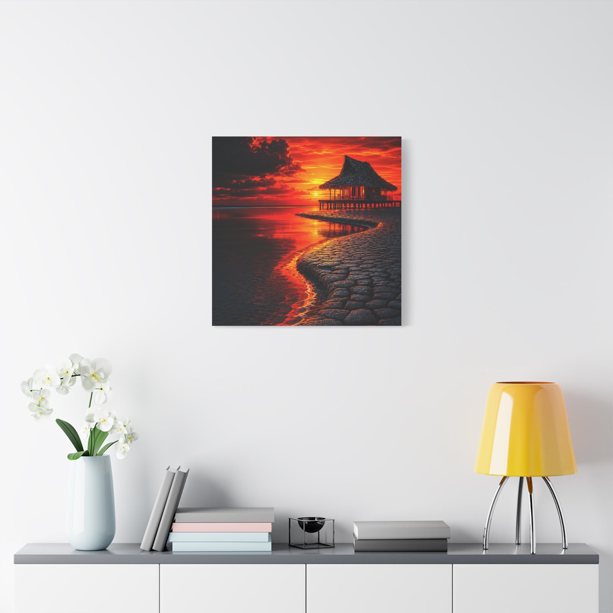 Tropical Sunset Canvas Wall Art — Exotic Hut over Lava-Red Ocean, Matte Stretched 1.25"
