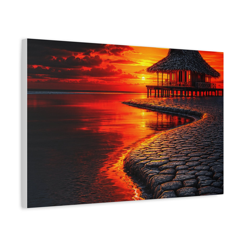 Tropical Sunset Canvas Wall Art — Exotic Hut over Lava-Red Ocean, Matte Stretched 1.25"