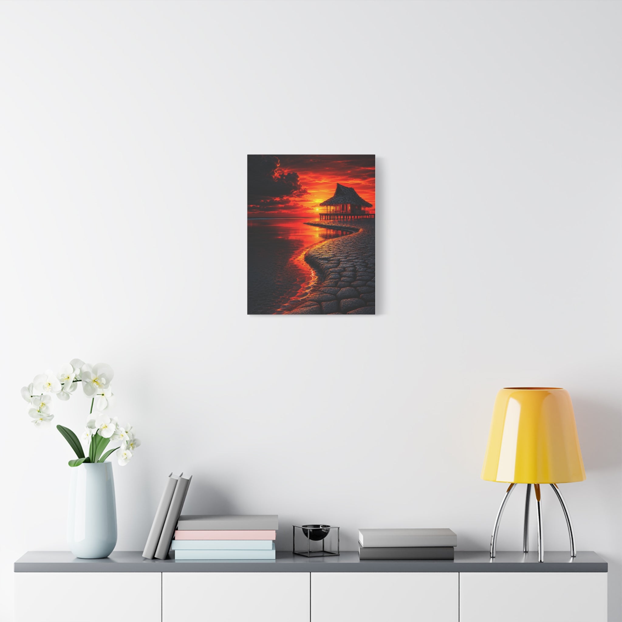 Tropical Sunset Canvas Wall Art — Exotic Hut over Lava-Red Ocean, Matte Stretched 1.25"