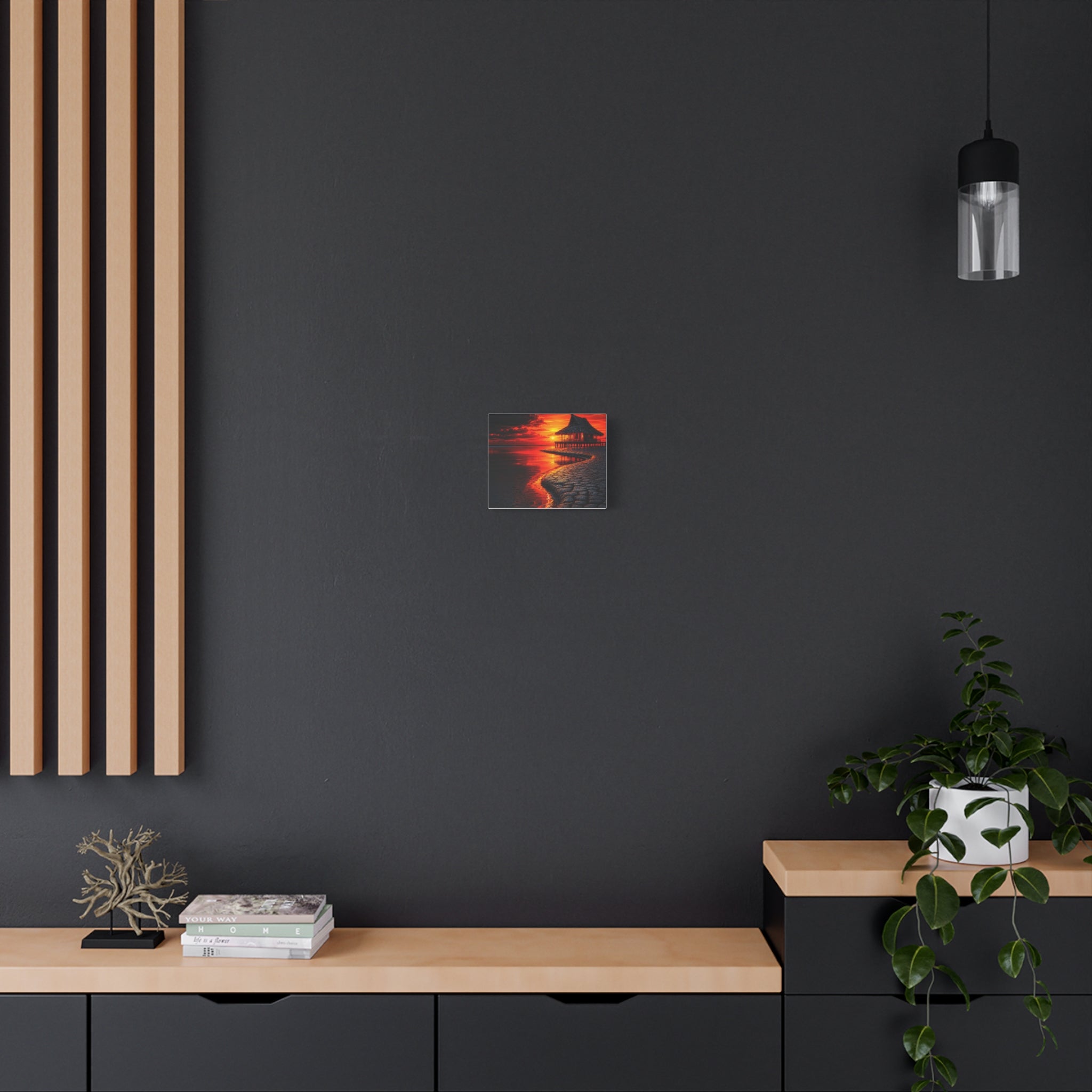 Tropical Sunset Canvas Wall Art — Exotic Hut over Lava-Red Ocean, Matte Stretched 1.25"