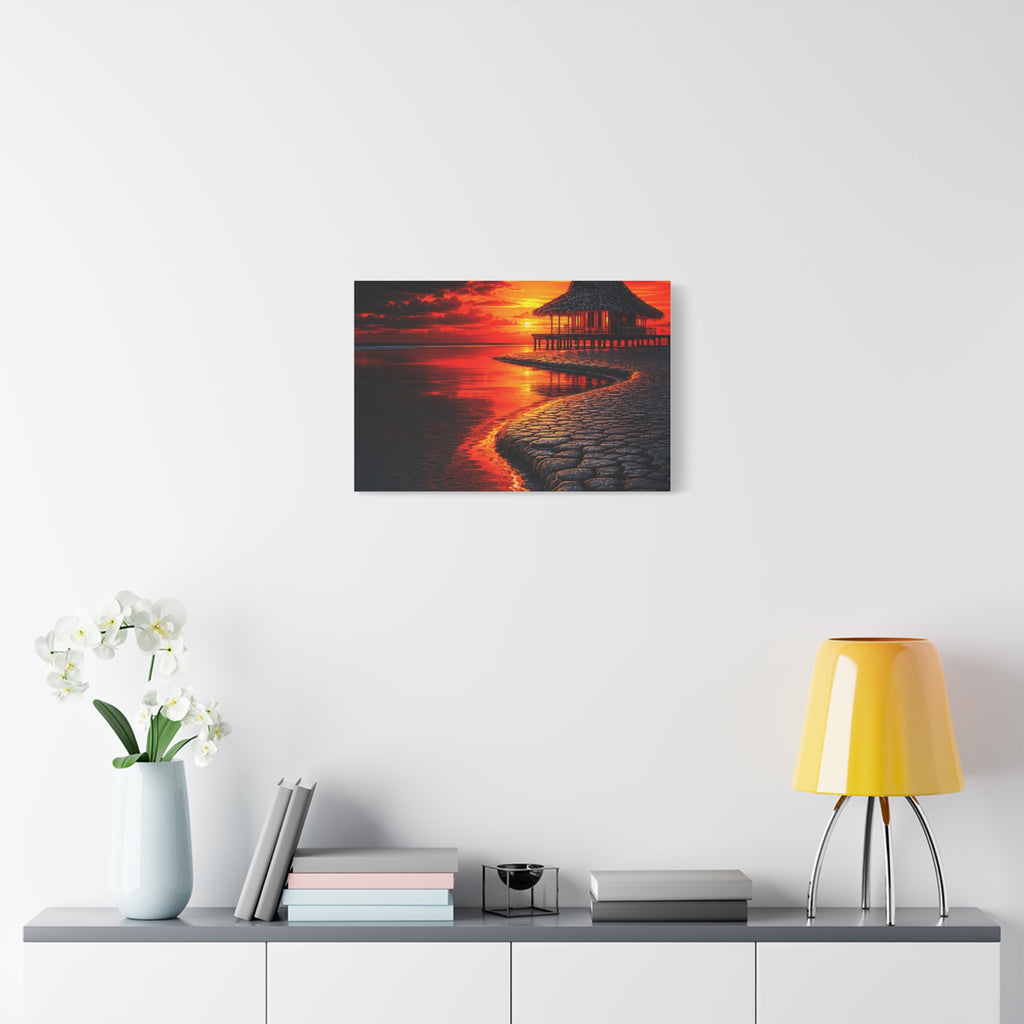 Tropical Sunset Canvas Wall Art — Exotic Hut over Lava-Red Ocean, Matte Stretched 1.25"