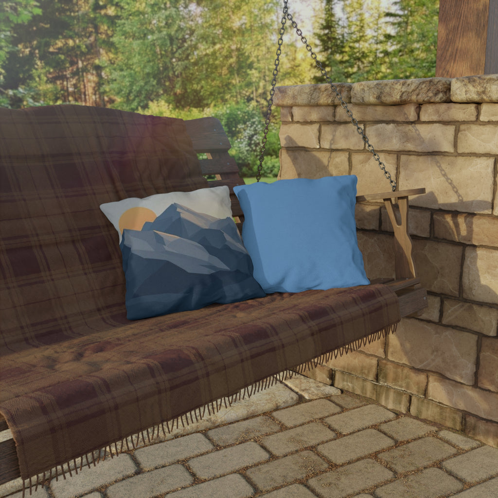 Mountain Sunrise Outdoor Pillow — Geometric Blue Peak Throw Pillow for Patio & Deck