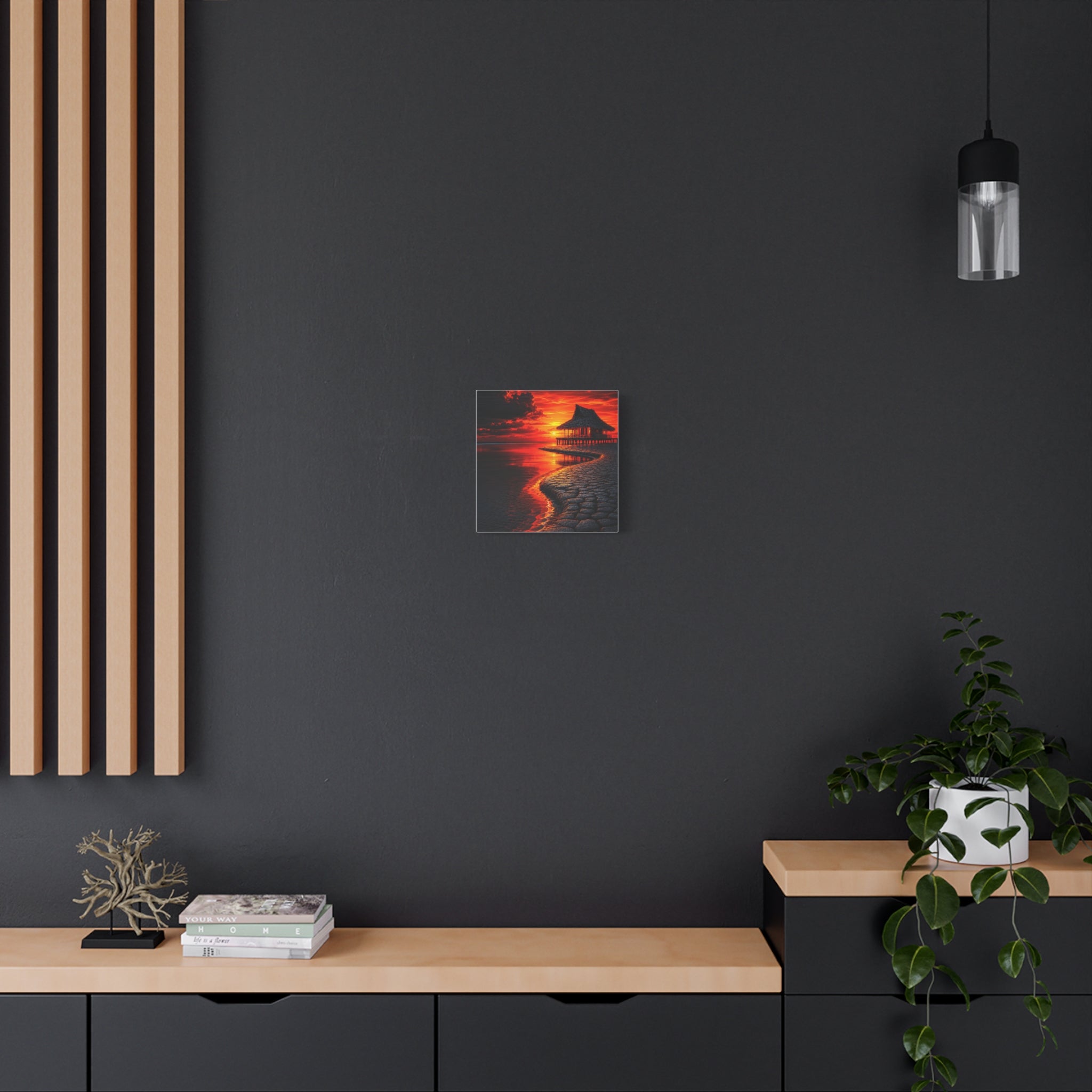 Tropical Sunset Canvas Wall Art — Exotic Hut over Lava-Red Ocean, Matte Stretched 1.25"