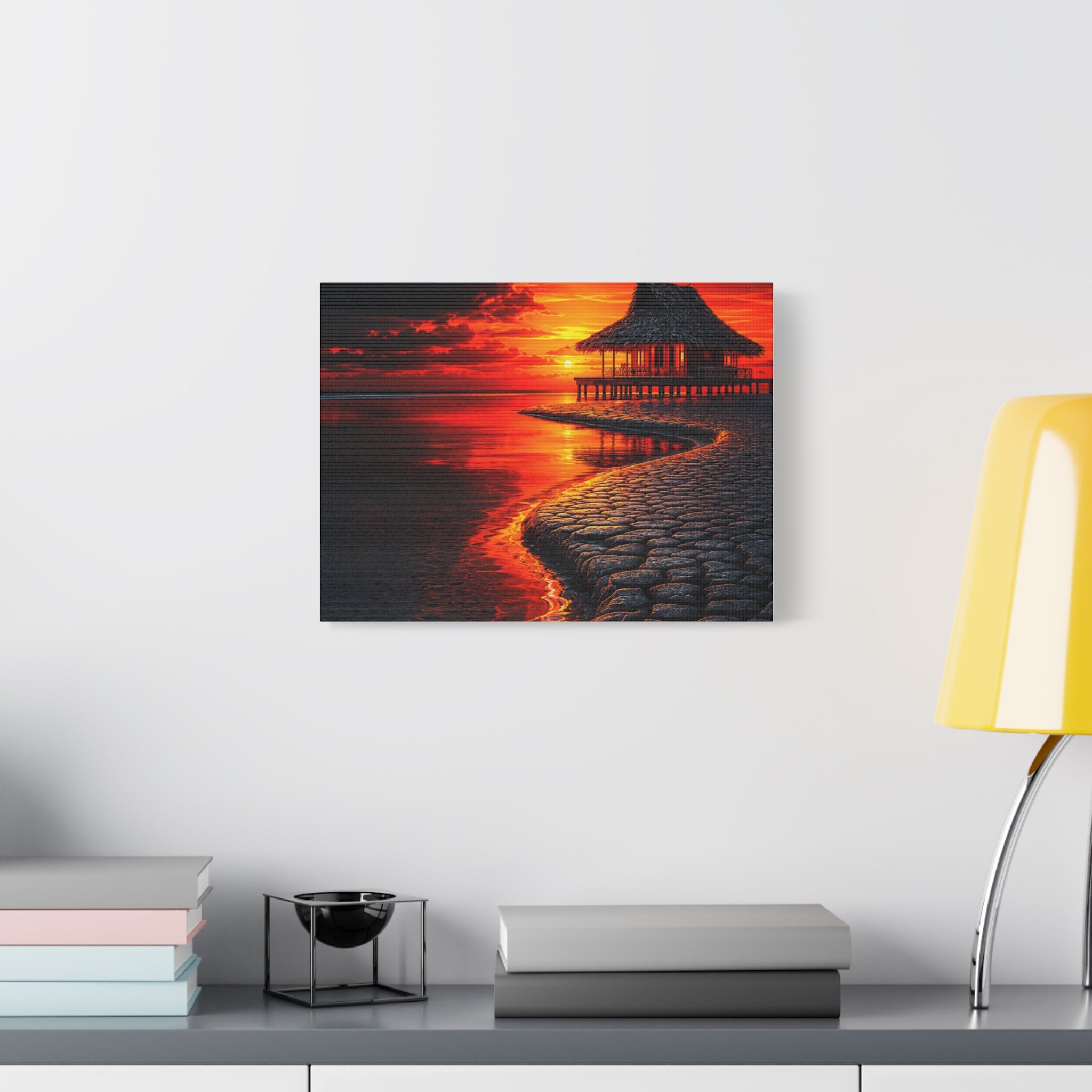 Tropical Sunset Canvas Wall Art — Exotic Hut over Lava-Red Ocean, Matte Stretched 1.25"