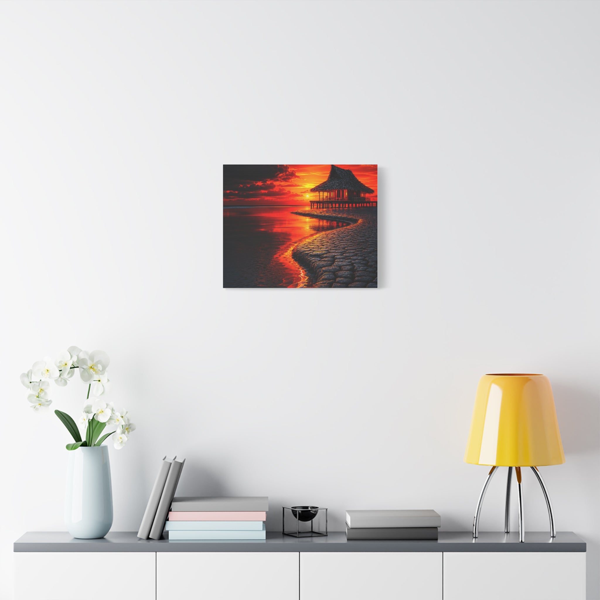 Tropical Sunset Canvas Wall Art — Exotic Hut over Lava-Red Ocean, Matte Stretched 1.25"