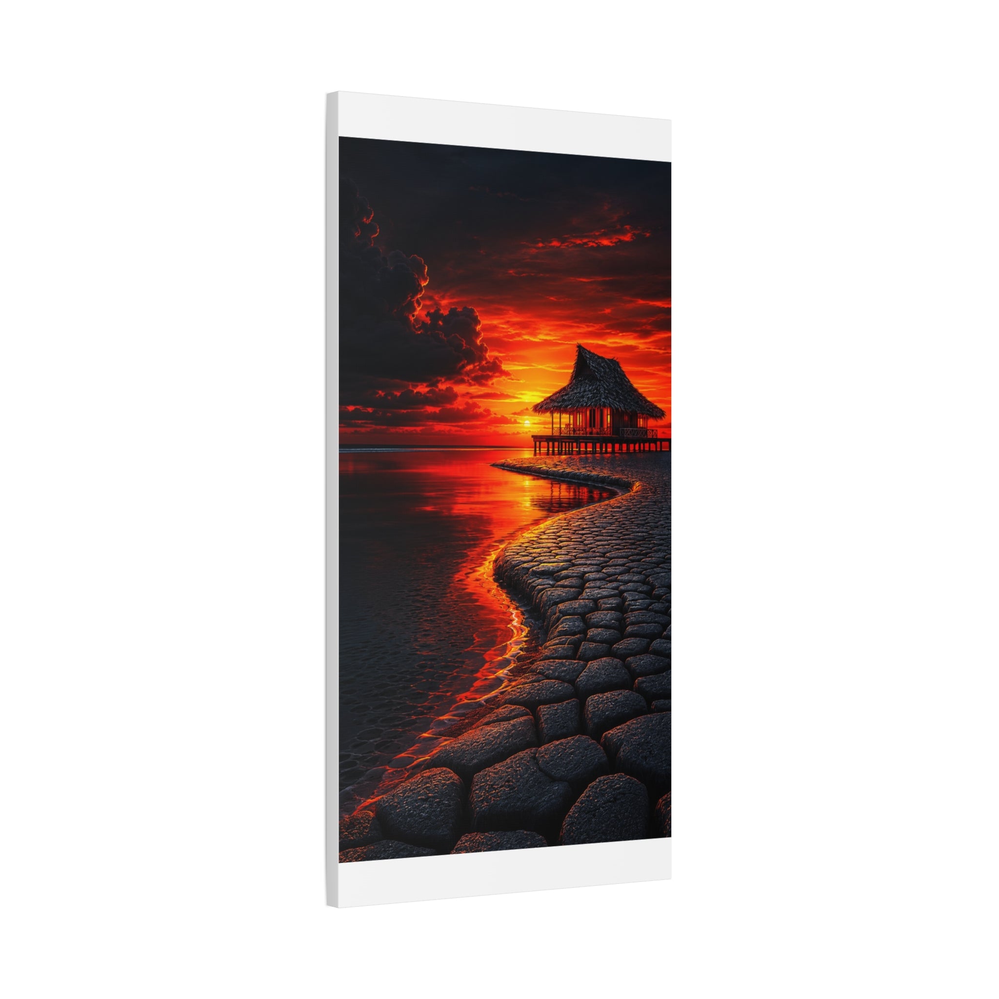 Tropical Sunset Canvas Wall Art — Exotic Hut over Lava-Red Ocean, Matte Stretched 1.25"