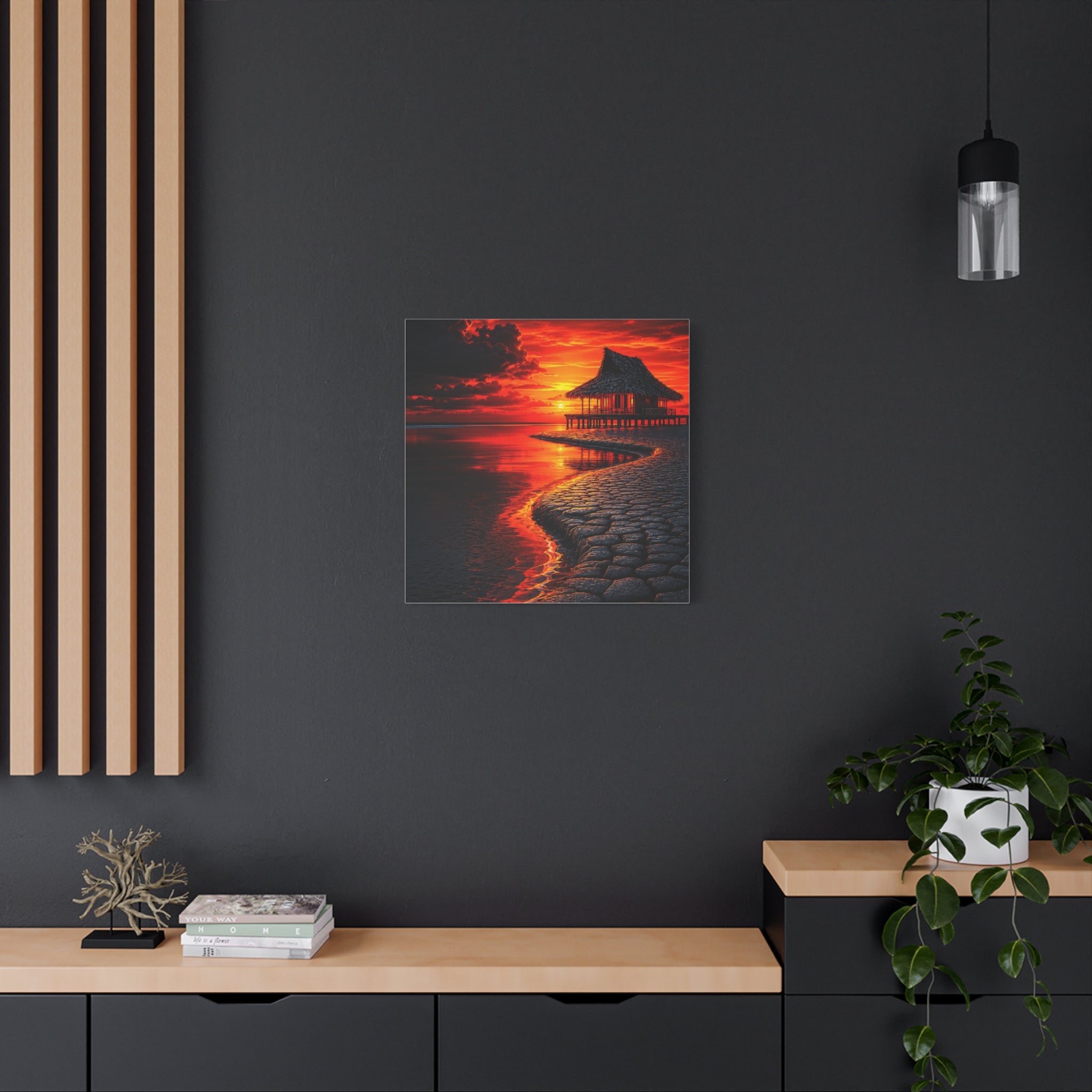 Tropical Sunset Canvas Wall Art — Exotic Hut over Lava-Red Ocean, Matte Stretched 1.25"