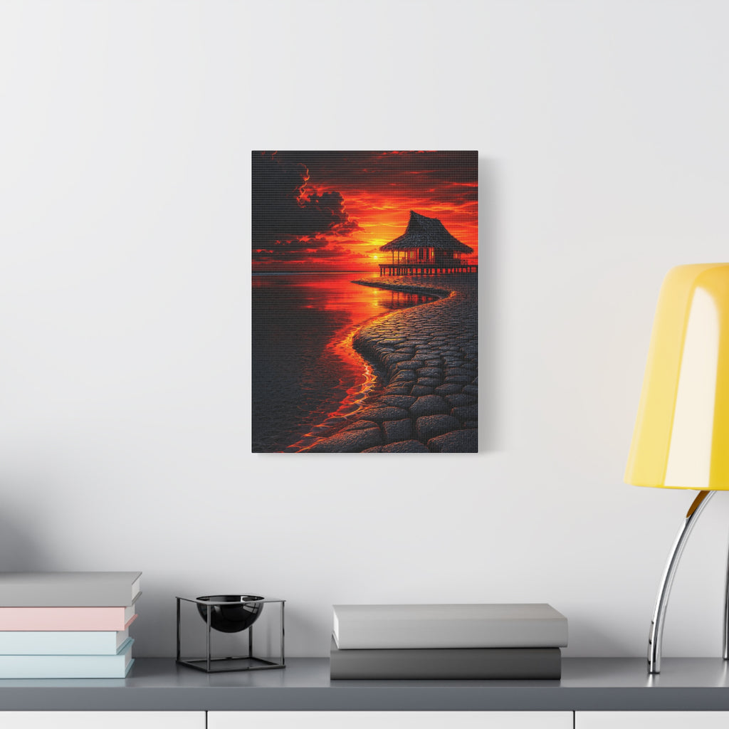 Tropical Sunset Canvas Wall Art — Exotic Hut over Lava-Red Ocean, Matte Stretched 1.25"