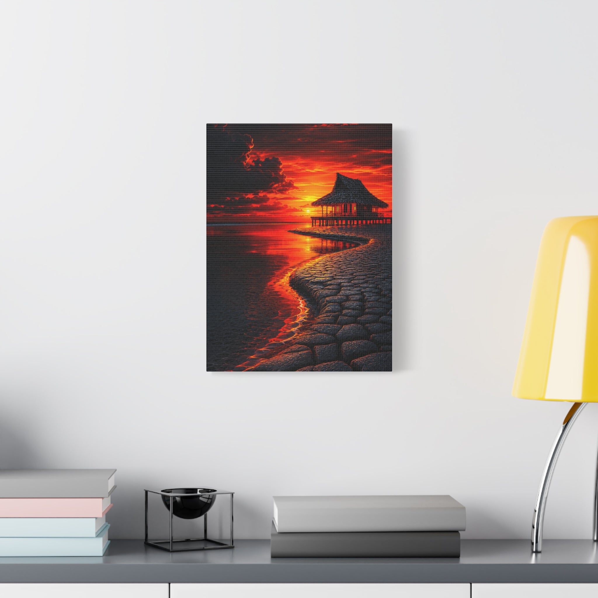 Tropical Sunset Canvas Wall Art — Exotic Hut over Lava-Red Ocean, Matte Stretched 1.25"