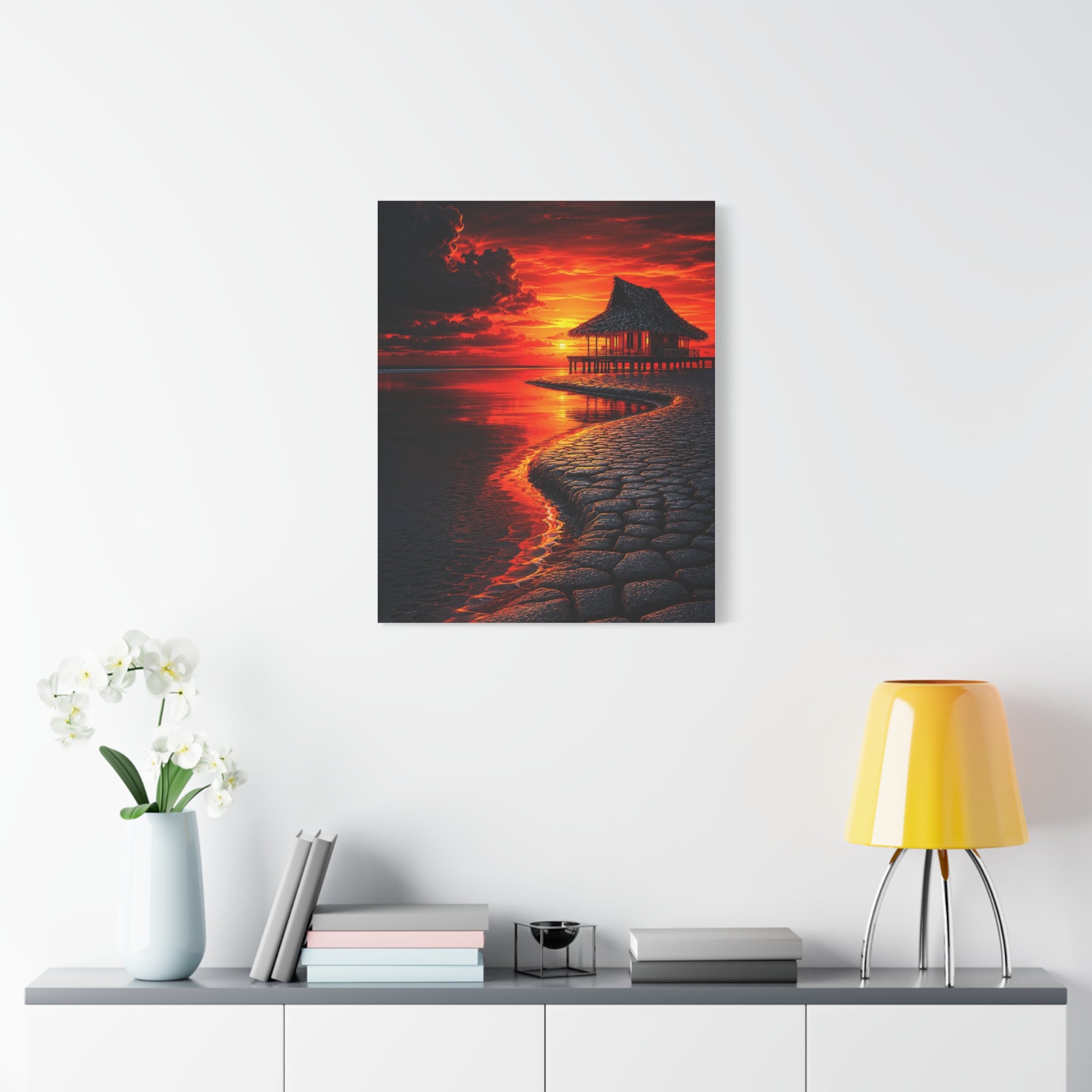 Tropical Sunset Canvas Wall Art — Exotic Hut over Lava-Red Ocean, Matte Stretched 1.25"