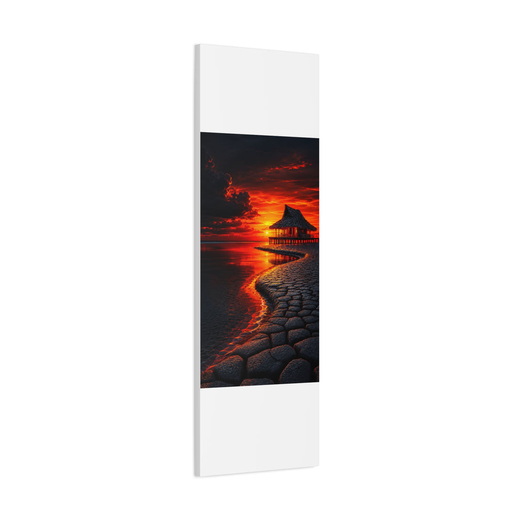 Tropical Sunset Canvas Wall Art — Exotic Hut over Lava-Red Ocean, Matte Stretched 1.25"