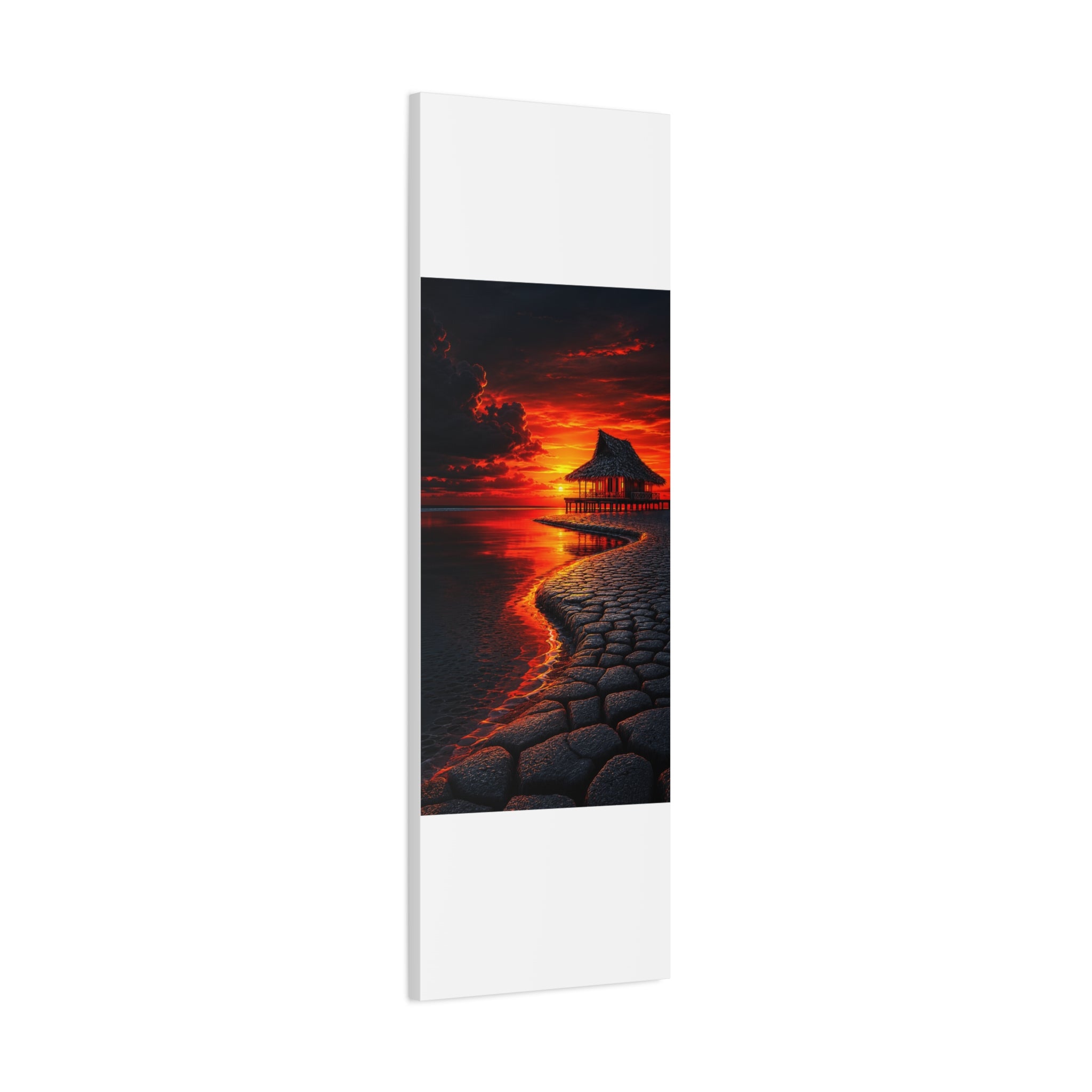 Tropical Sunset Canvas Wall Art — Exotic Hut over Lava-Red Ocean, Matte Stretched 1.25"