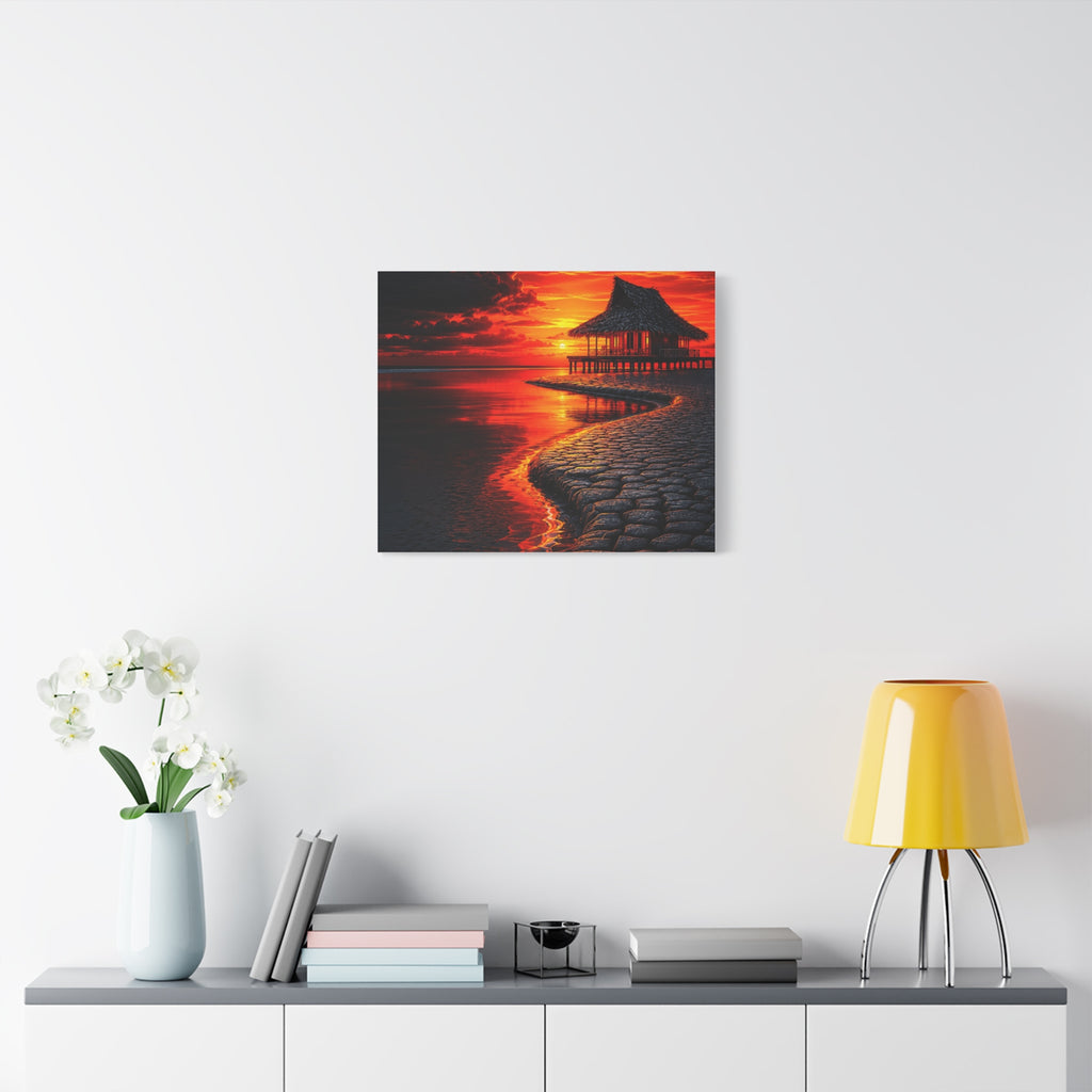 Tropical Sunset Canvas Wall Art — Exotic Hut over Lava-Red Ocean, Matte Stretched 1.25"