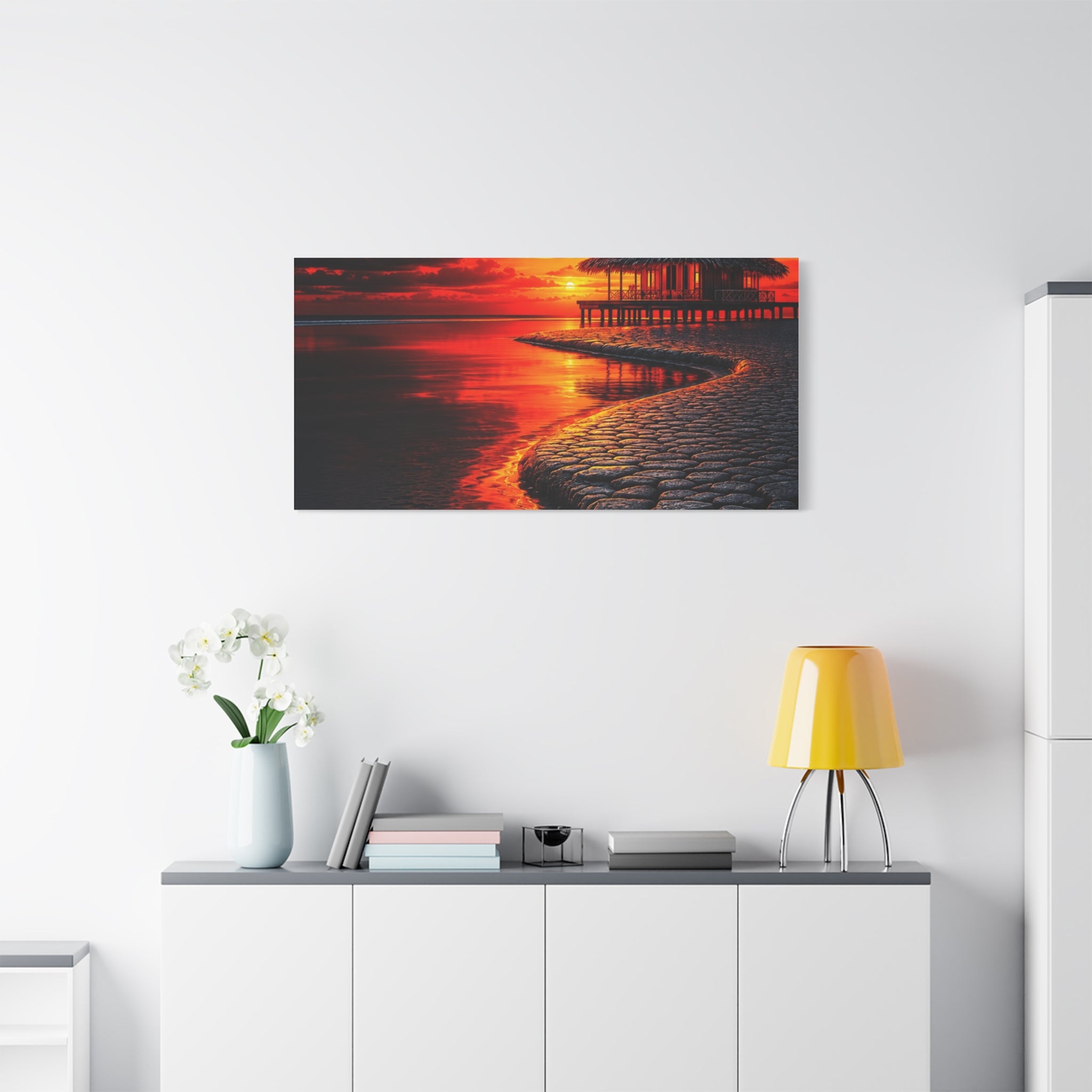 Tropical Sunset Canvas Wall Art — Exotic Hut over Lava-Red Ocean, Matte Stretched 1.25"