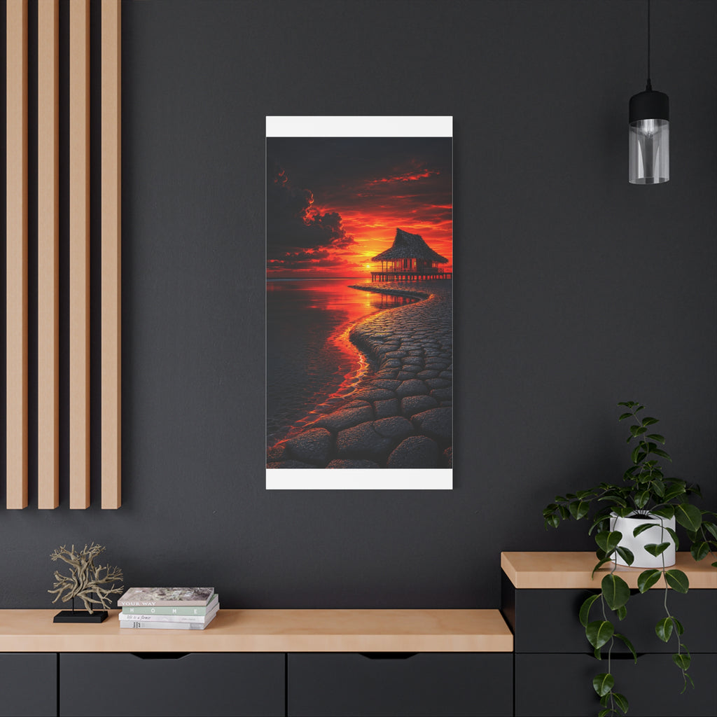 Tropical Sunset Canvas Wall Art — Exotic Hut over Lava-Red Ocean, Matte Stretched 1.25"