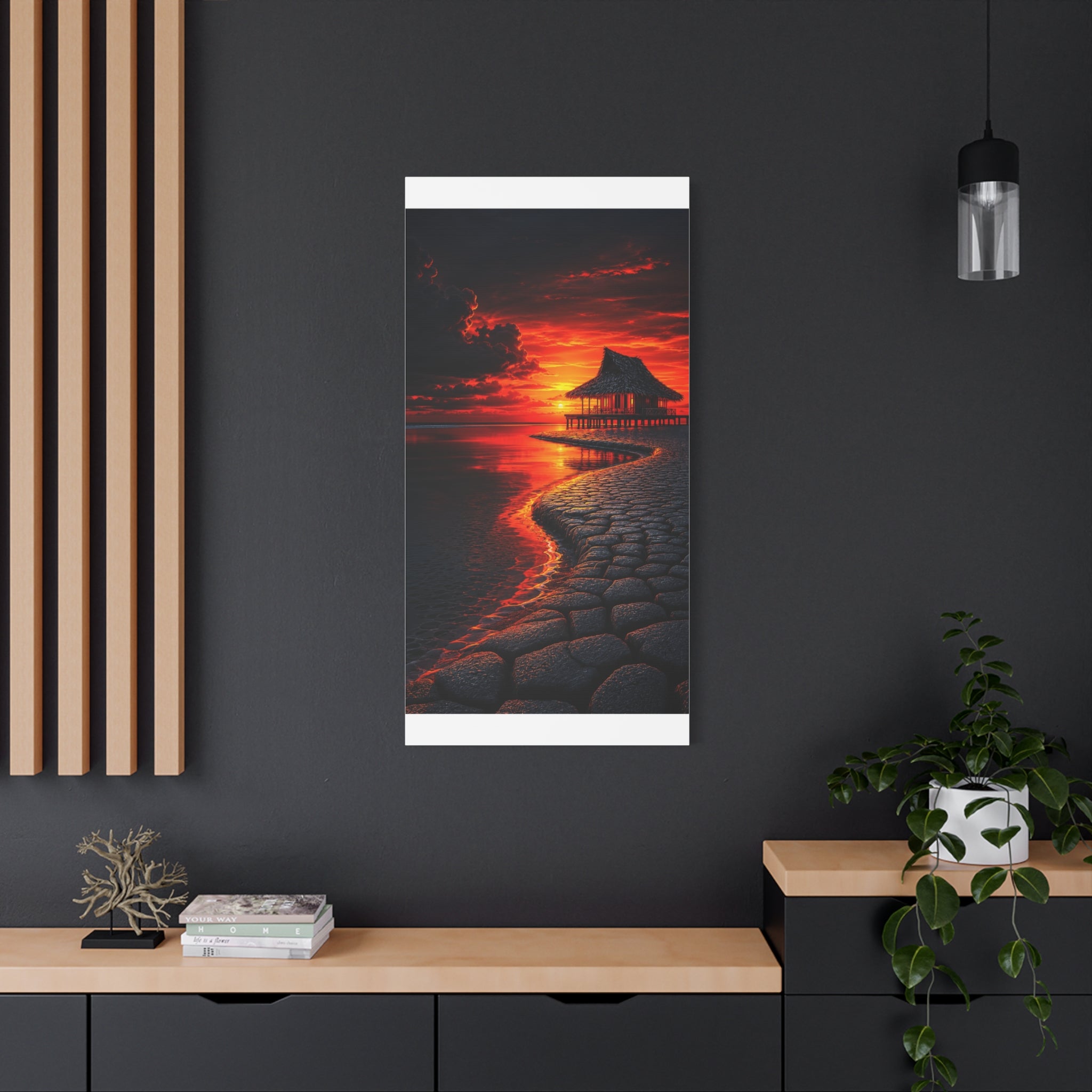 Tropical Sunset Canvas Wall Art — Exotic Hut over Lava-Red Ocean, Matte Stretched 1.25"