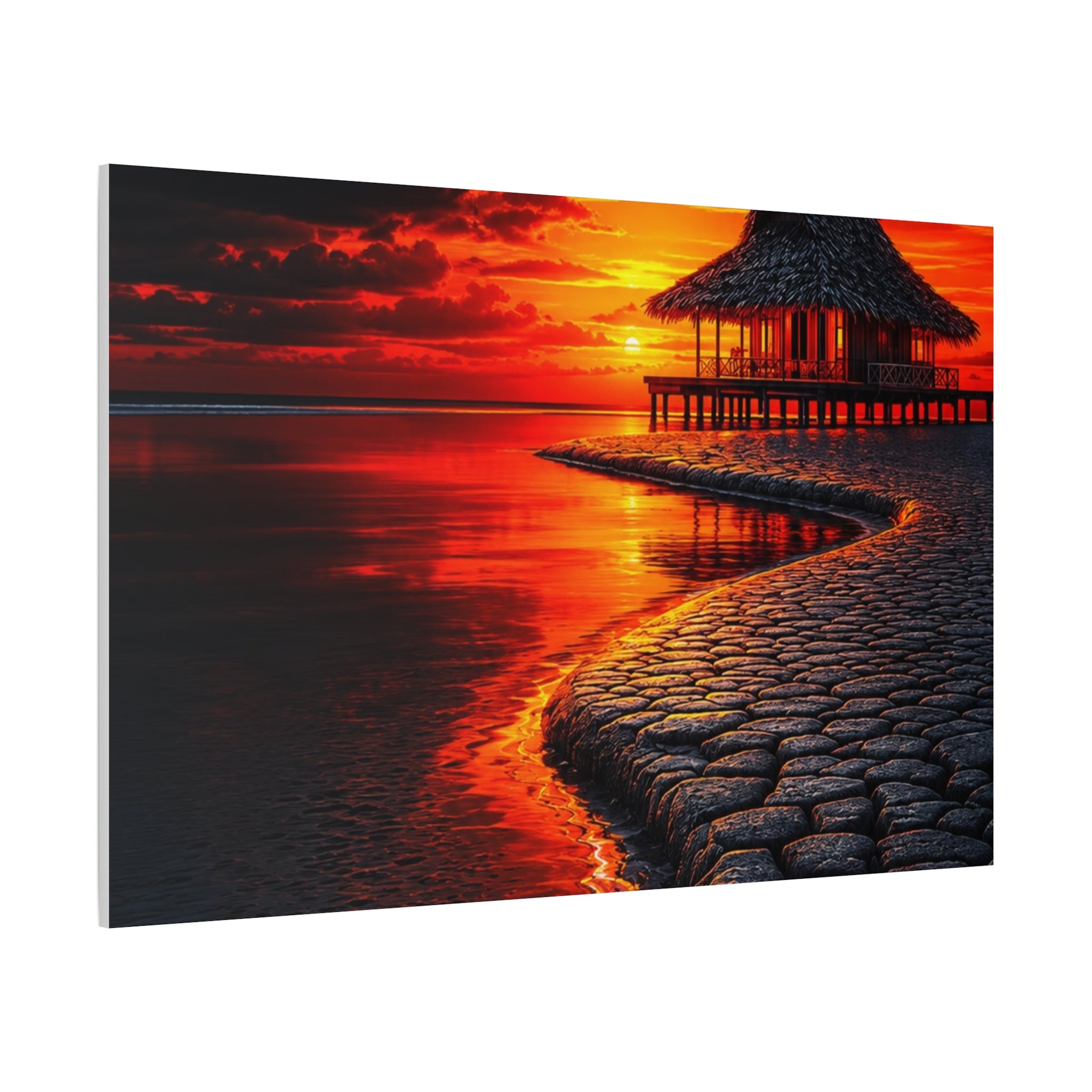 Tropical Sunset Canvas Wall Art — Exotic Hut over Lava-Red Ocean, Matte Stretched 1.25"