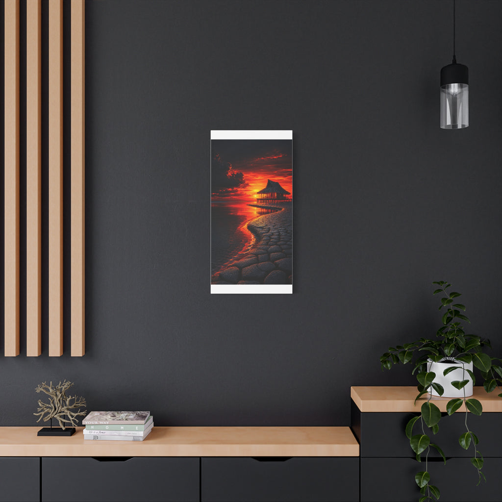 Tropical Sunset Canvas Wall Art — Exotic Hut over Lava-Red Ocean, Matte Stretched 1.25"