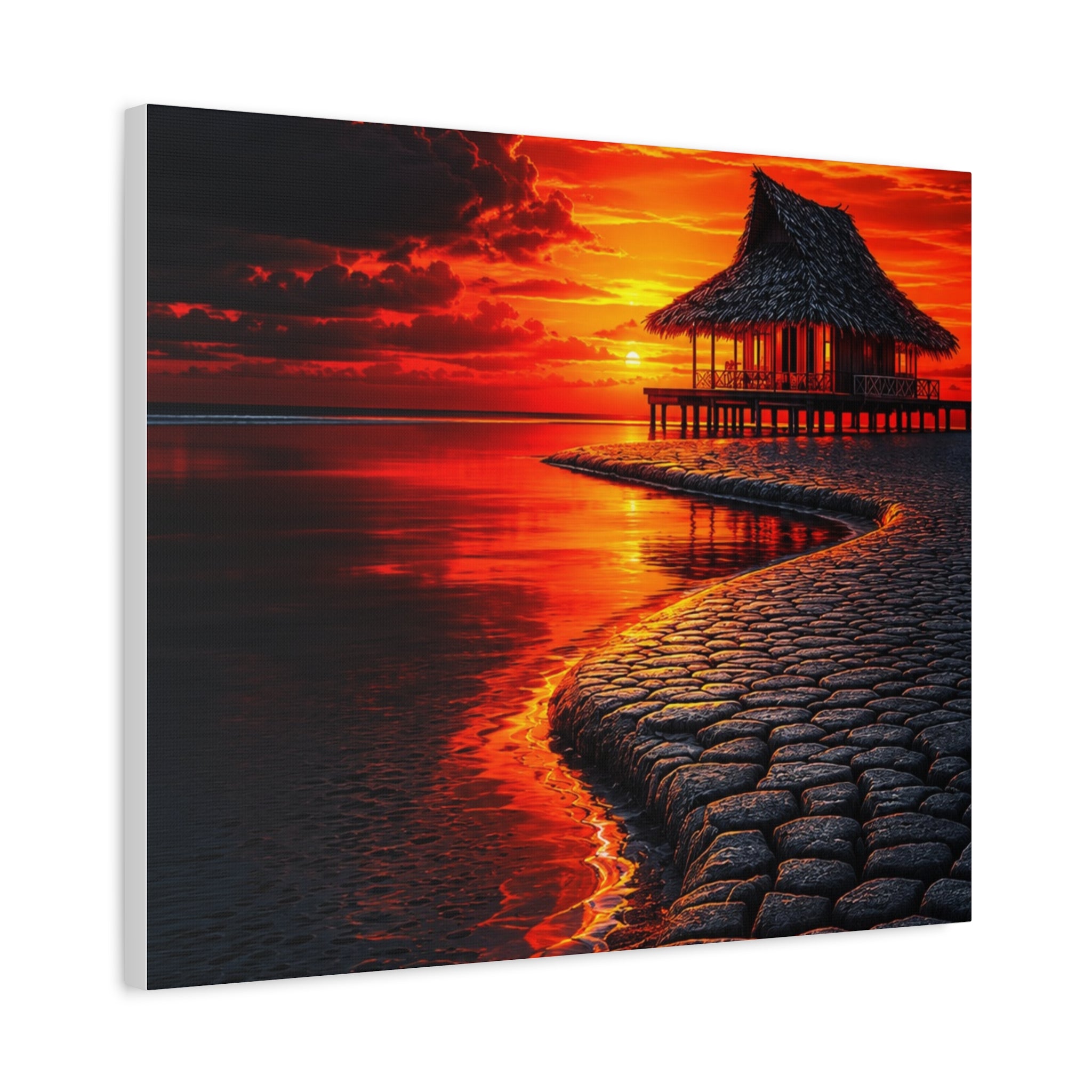 Tropical Sunset Canvas Wall Art — Exotic Hut over Lava-Red Ocean, Matte Stretched 1.25"