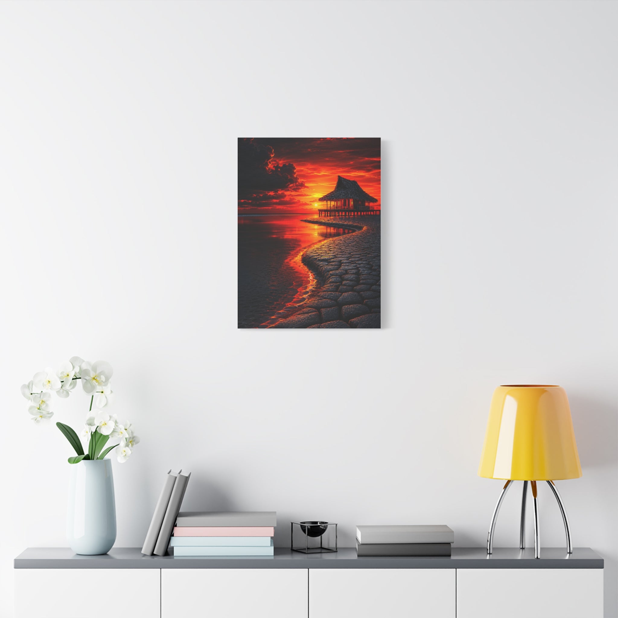 Tropical Sunset Canvas Wall Art — Exotic Hut over Lava-Red Ocean, Matte Stretched 1.25"
