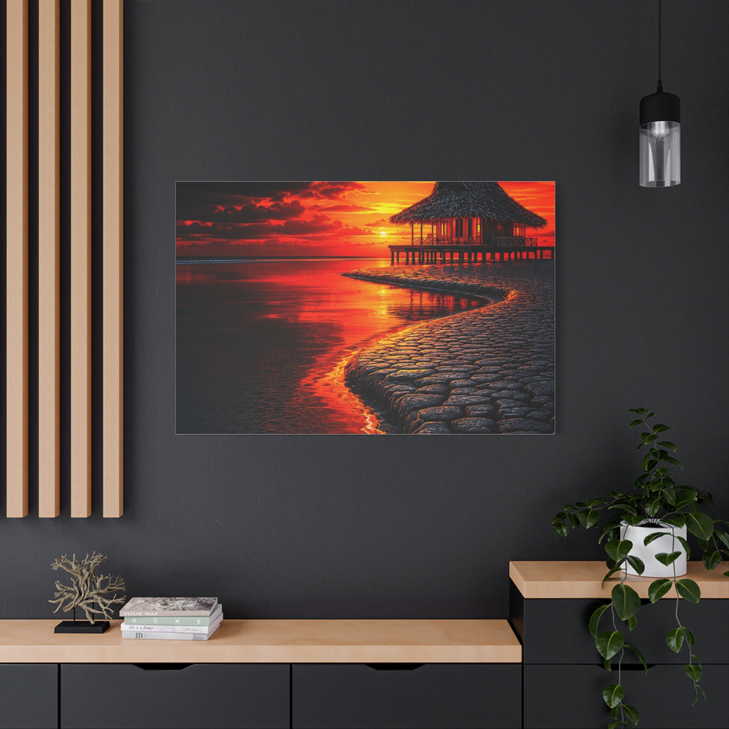 Tropical Sunset Canvas Wall Art — Exotic Hut over Lava-Red Ocean, Matte Stretched 1.25"