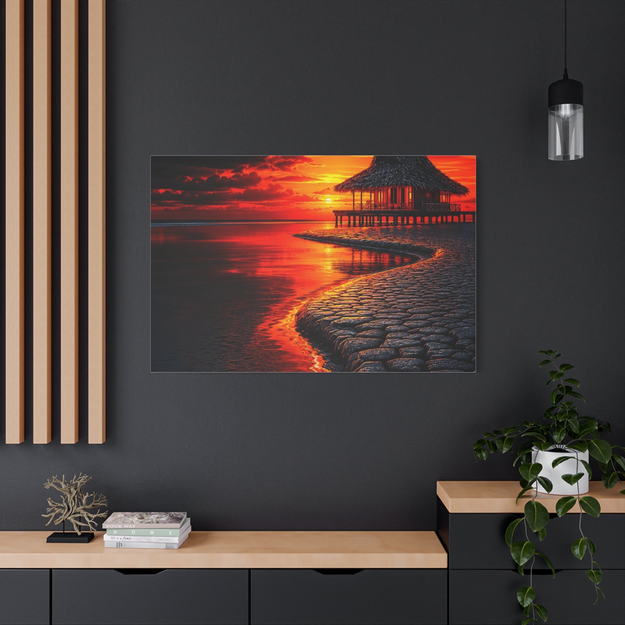 Tropical Sunset Canvas Wall Art — Exotic Hut over Lava-Red Ocean, Matte Stretched 1.25"
