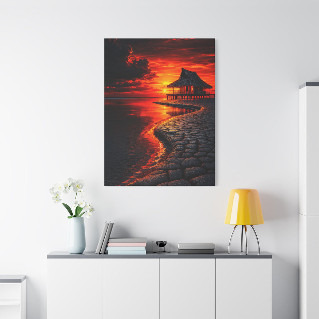 Tropical Sunset Canvas Wall Art — Exotic Hut over Lava-Red Ocean, Matte Stretched 1.25"