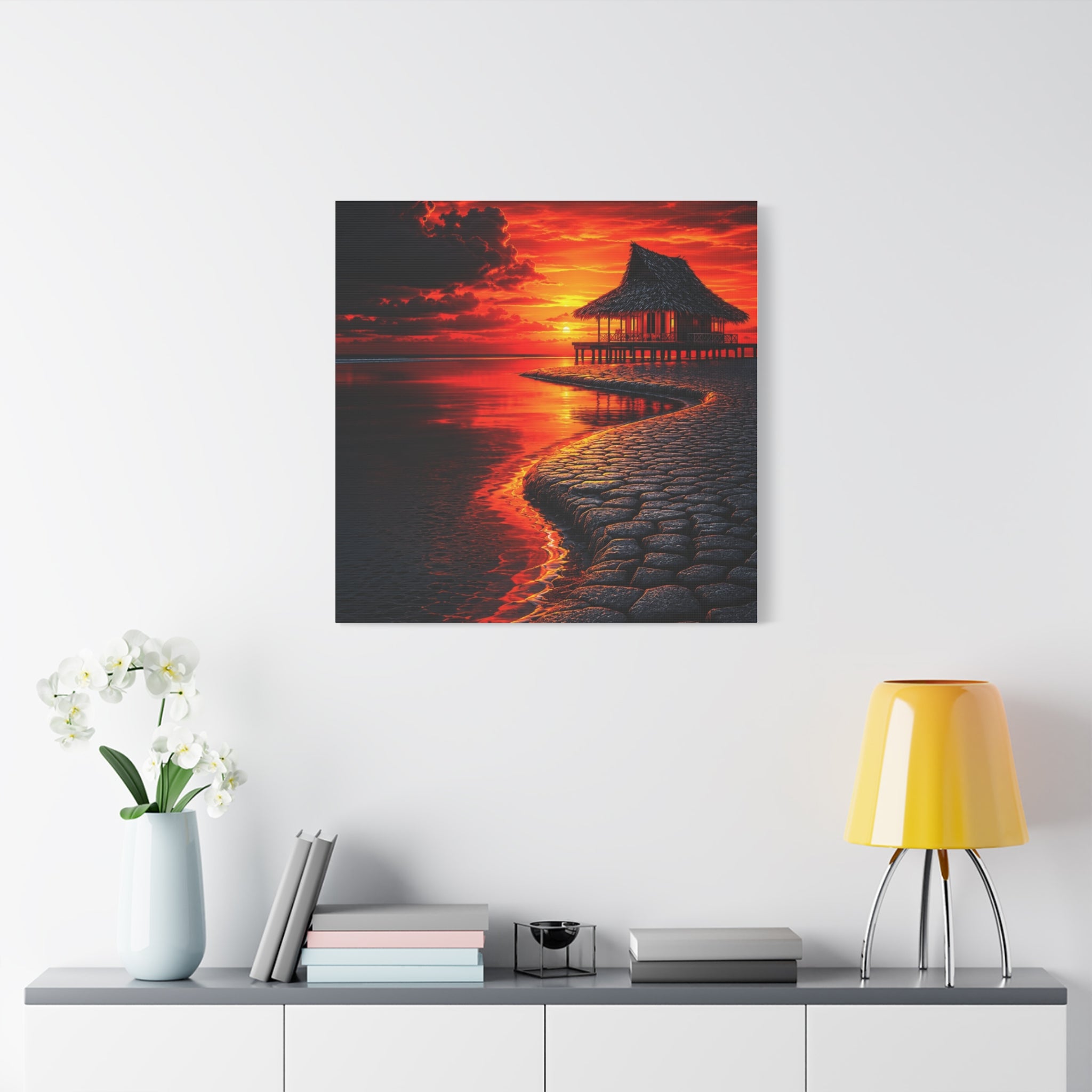 Tropical Sunset Canvas Wall Art — Exotic Hut over Lava-Red Ocean, Matte Stretched 1.25"