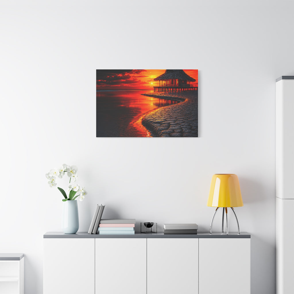 Tropical Sunset Canvas Wall Art — Exotic Hut over Lava-Red Ocean, Matte Stretched 1.25"