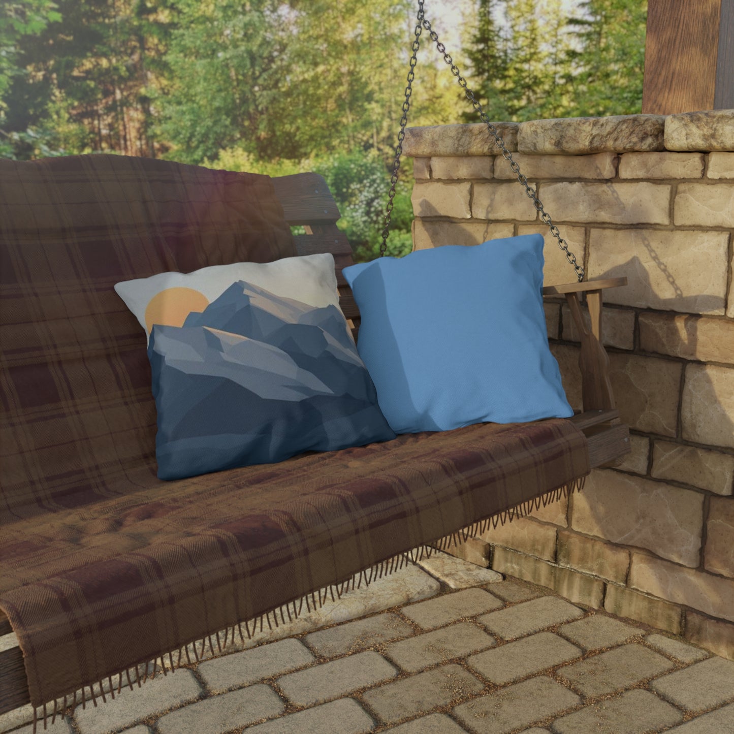 Mountain Sunrise Outdoor Pillow — Geometric Blue Peak Throw Pillow for Patio & Deck
