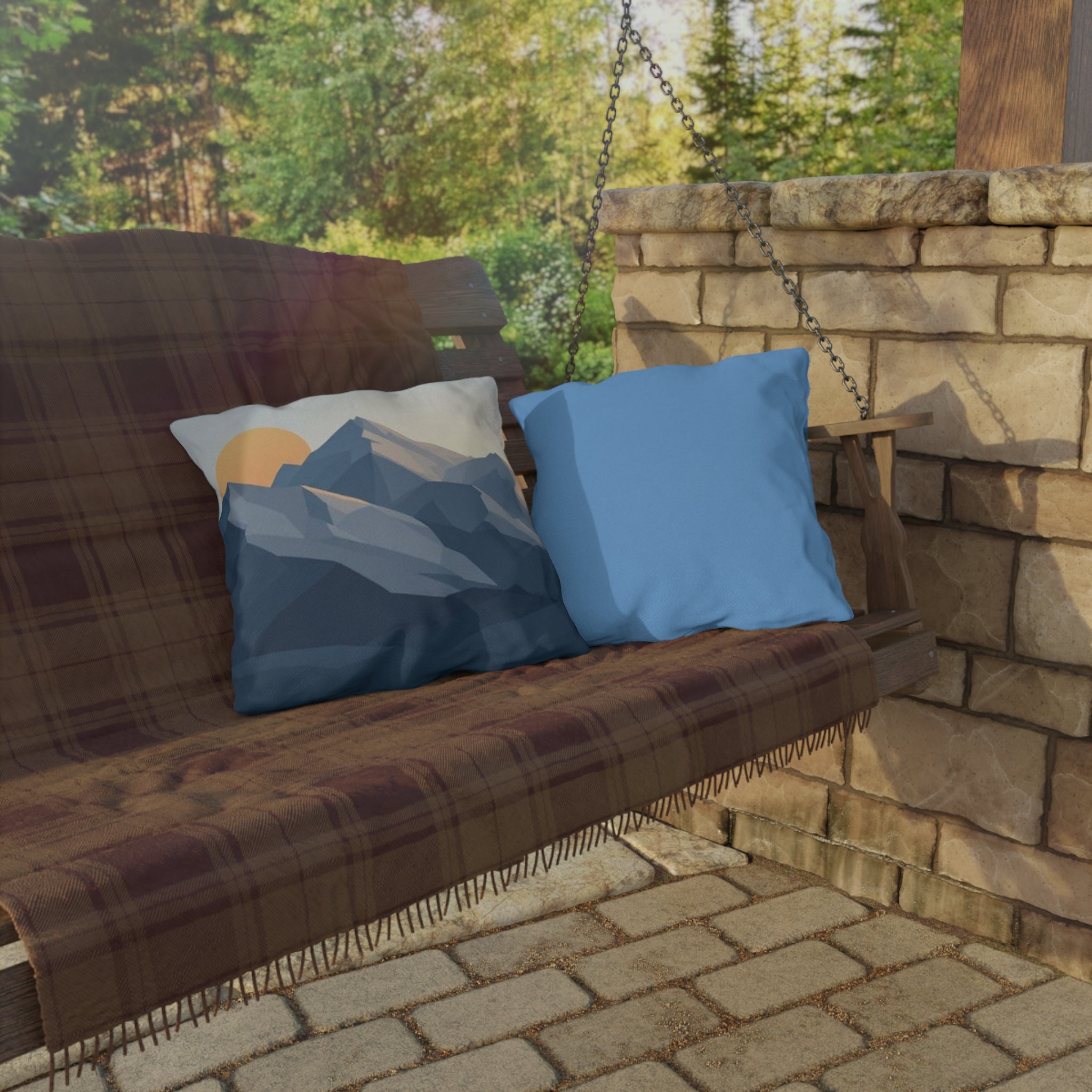 Mountain Sunrise Outdoor Pillow — Geometric Blue Peak Throw Pillow for Patio & Deck