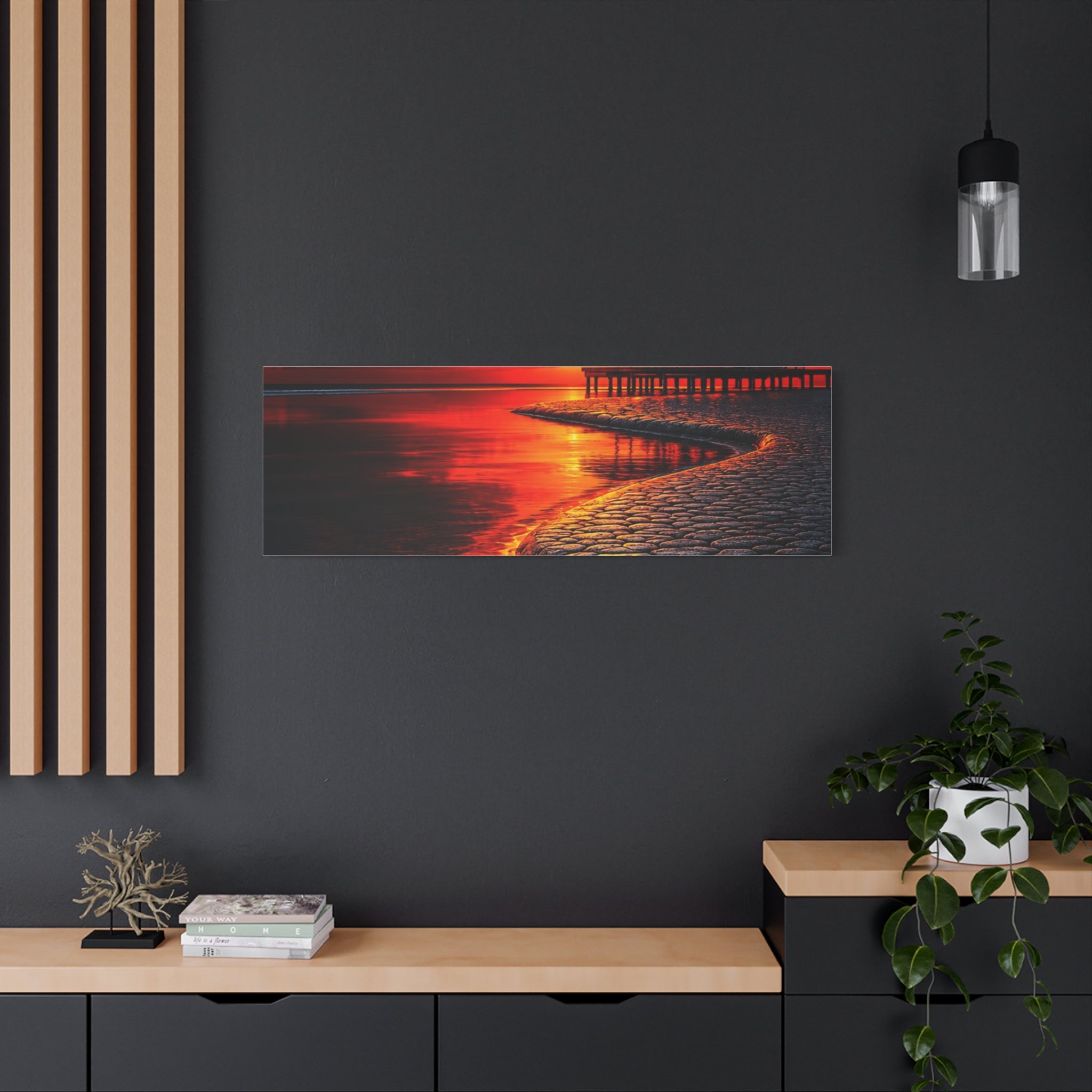 Tropical Sunset Canvas Wall Art — Exotic Hut over Lava-Red Ocean, Matte Stretched 1.25"