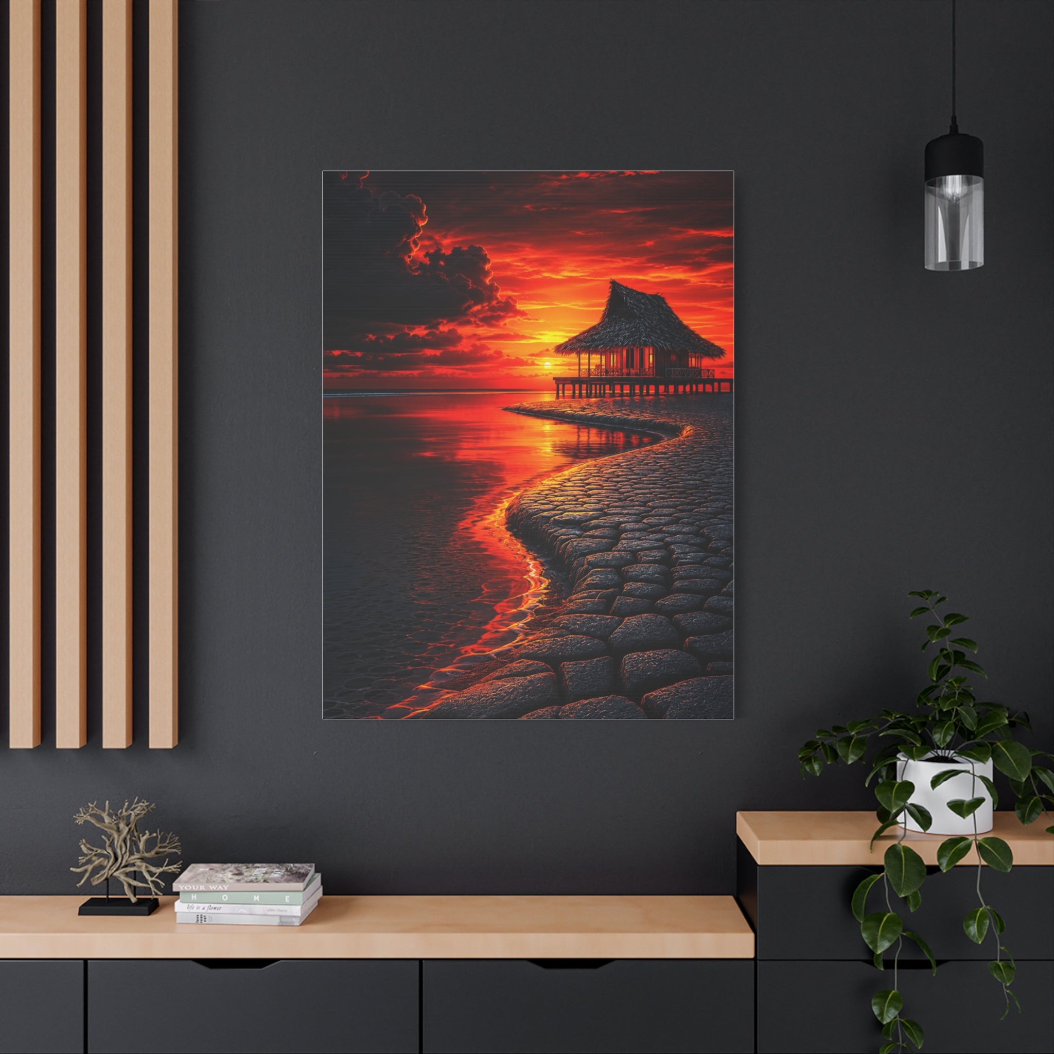 Tropical Sunset Canvas Wall Art — Exotic Hut over Lava-Red Ocean, Matte Stretched 1.25"