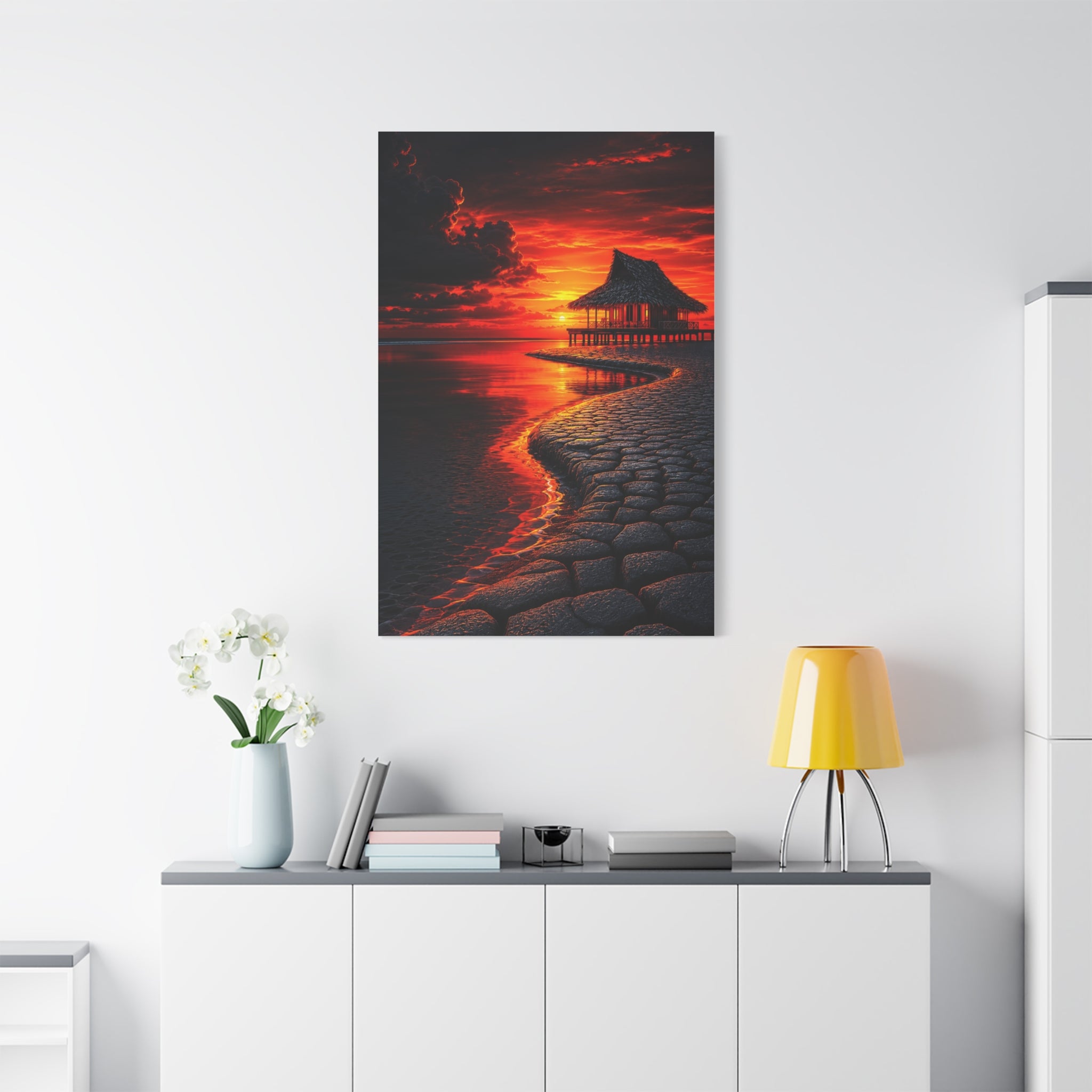 Tropical Sunset Canvas Wall Art — Exotic Hut over Lava-Red Ocean, Matte Stretched 1.25"