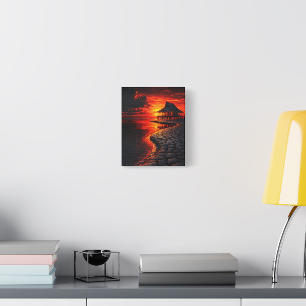 Tropical Sunset Canvas Wall Art — Exotic Hut over Lava-Red Ocean, Matte Stretched 1.25"