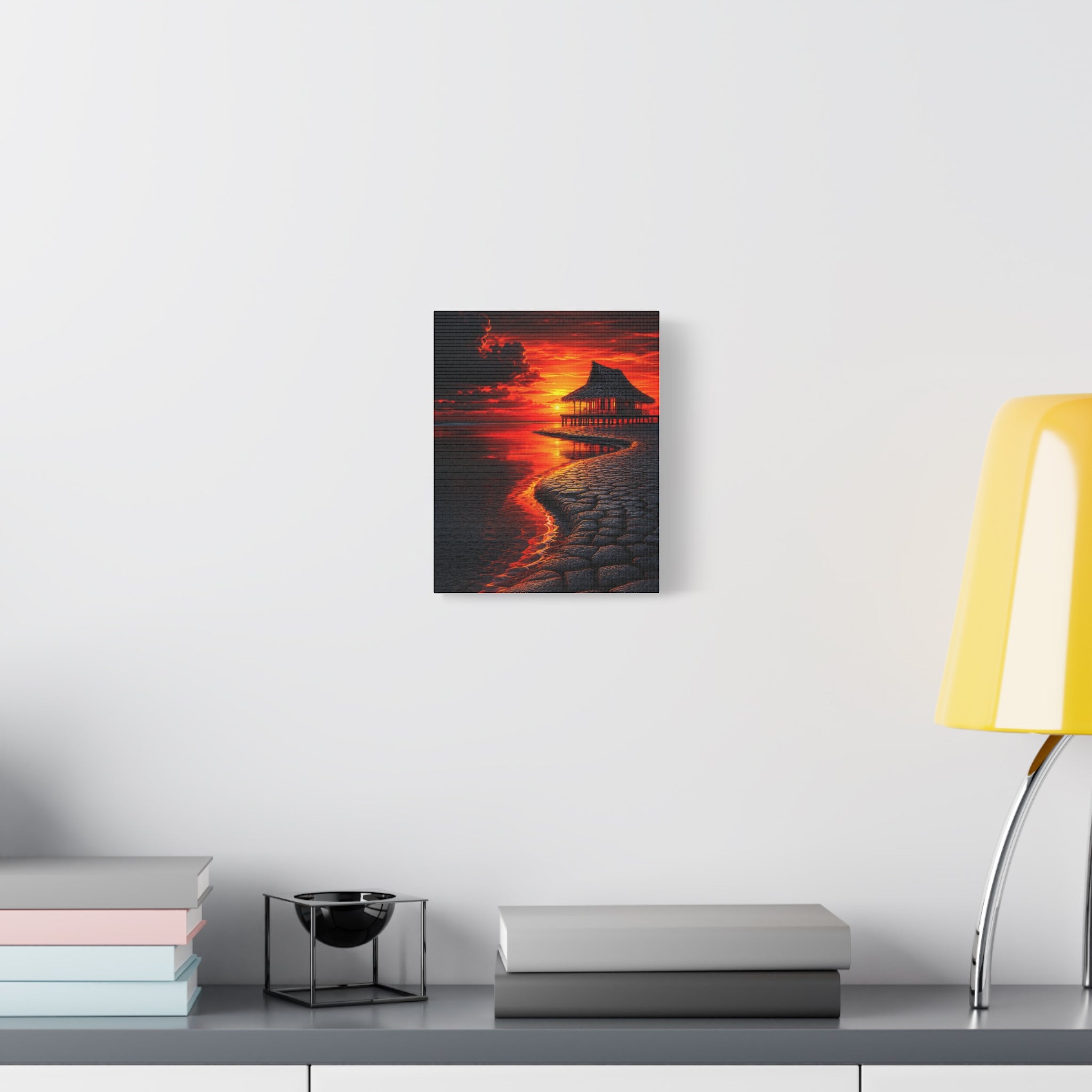 Tropical Sunset Canvas Wall Art — Exotic Hut over Lava-Red Ocean, Matte Stretched 1.25"