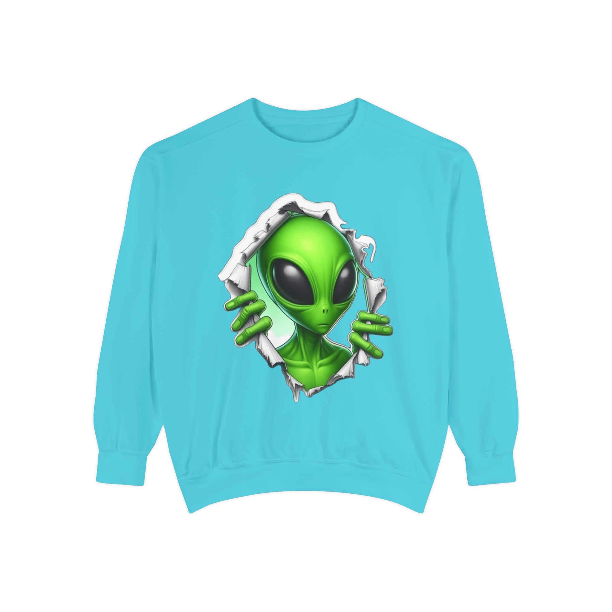 Alien Peeking Graphic Sweatshirt – Green Extraterrestrial Crewneck