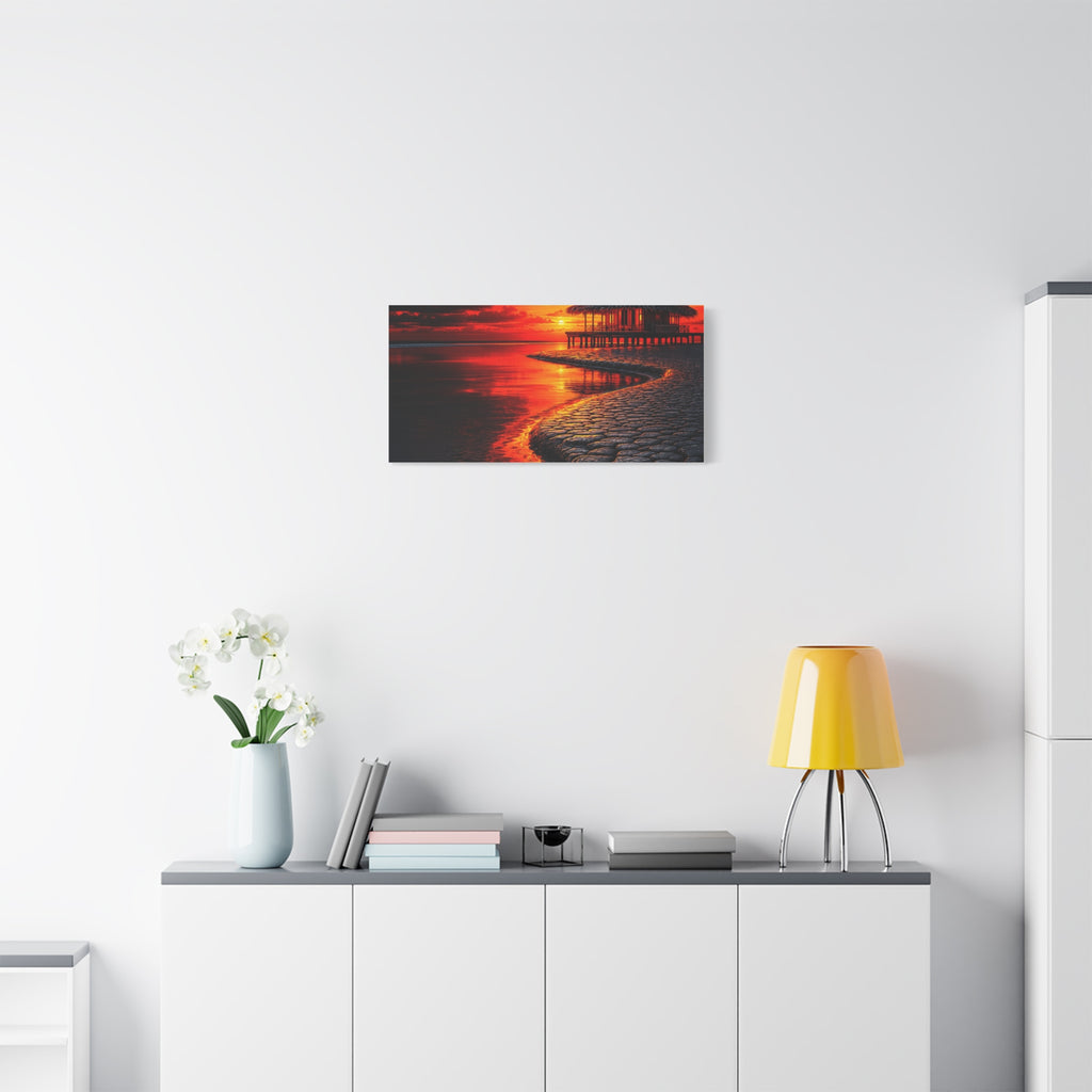 Tropical Sunset Canvas Wall Art — Exotic Hut over Lava-Red Ocean, Matte Stretched 1.25"