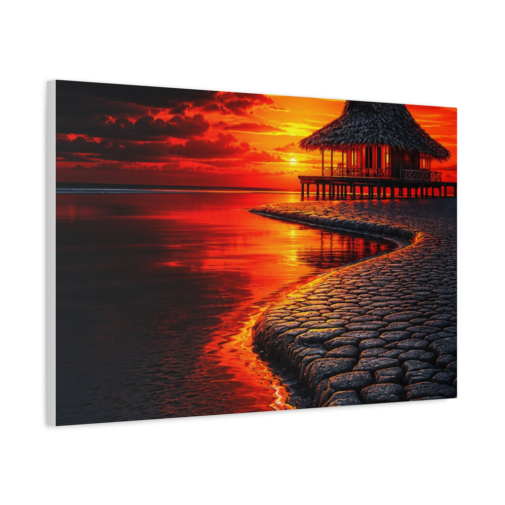 Tropical Sunset Canvas Wall Art — Exotic Hut over Lava-Red Ocean, Matte Stretched 1.25"