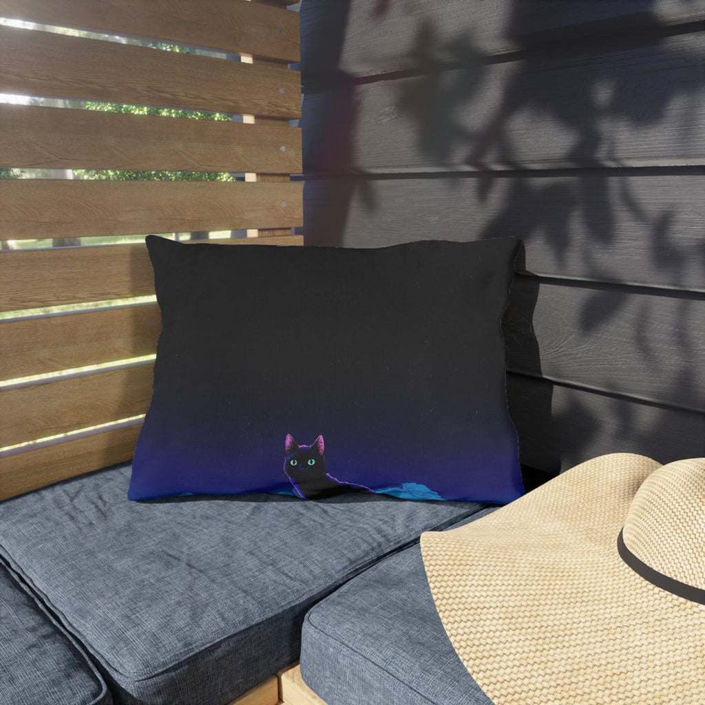 Cat Moon Outdoor Pillow — Night Sky Black Cat Decorative Patio Cushion
