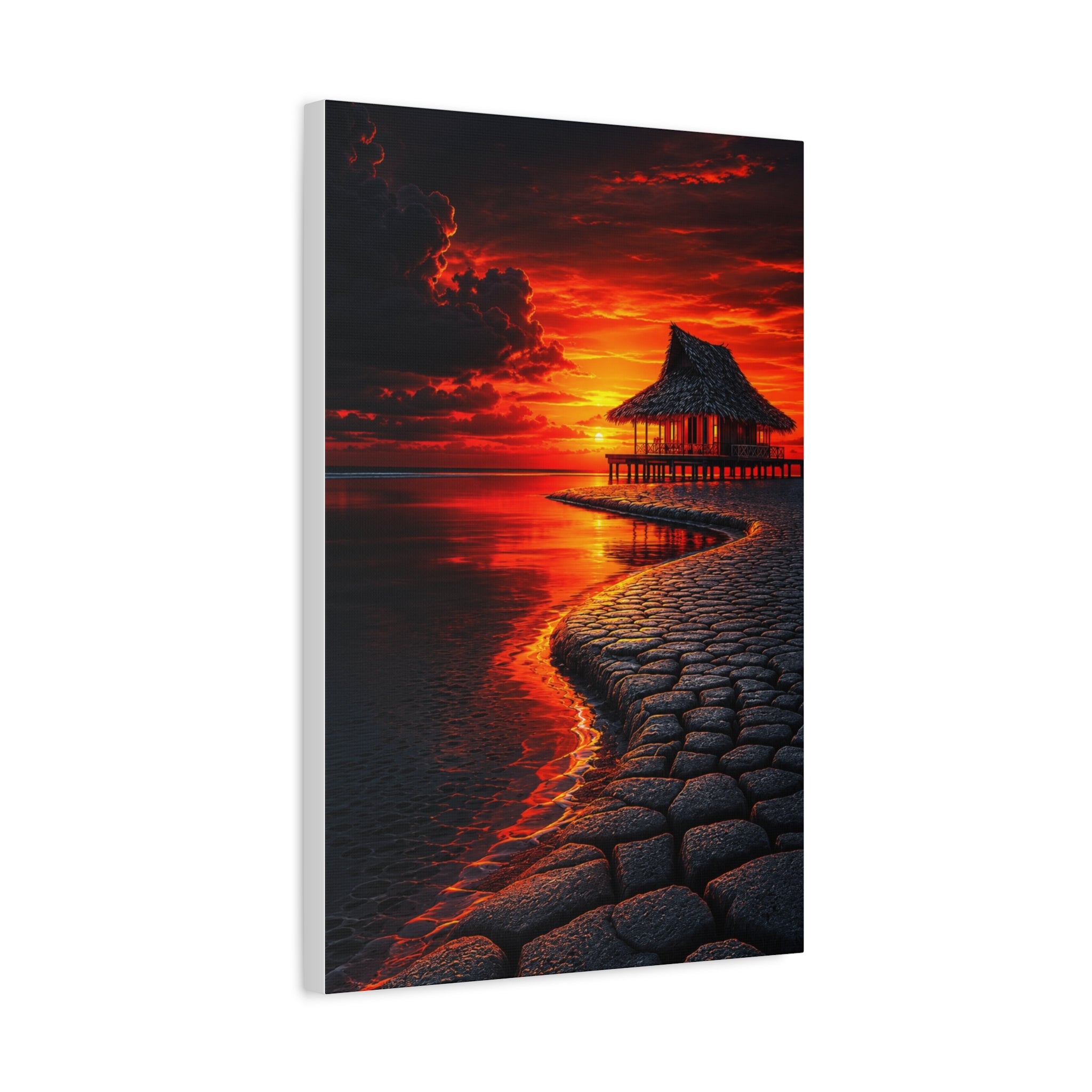 Tropical Sunset Canvas Wall Art — Exotic Hut over Lava-Red Ocean, Matte Stretched 1.25"