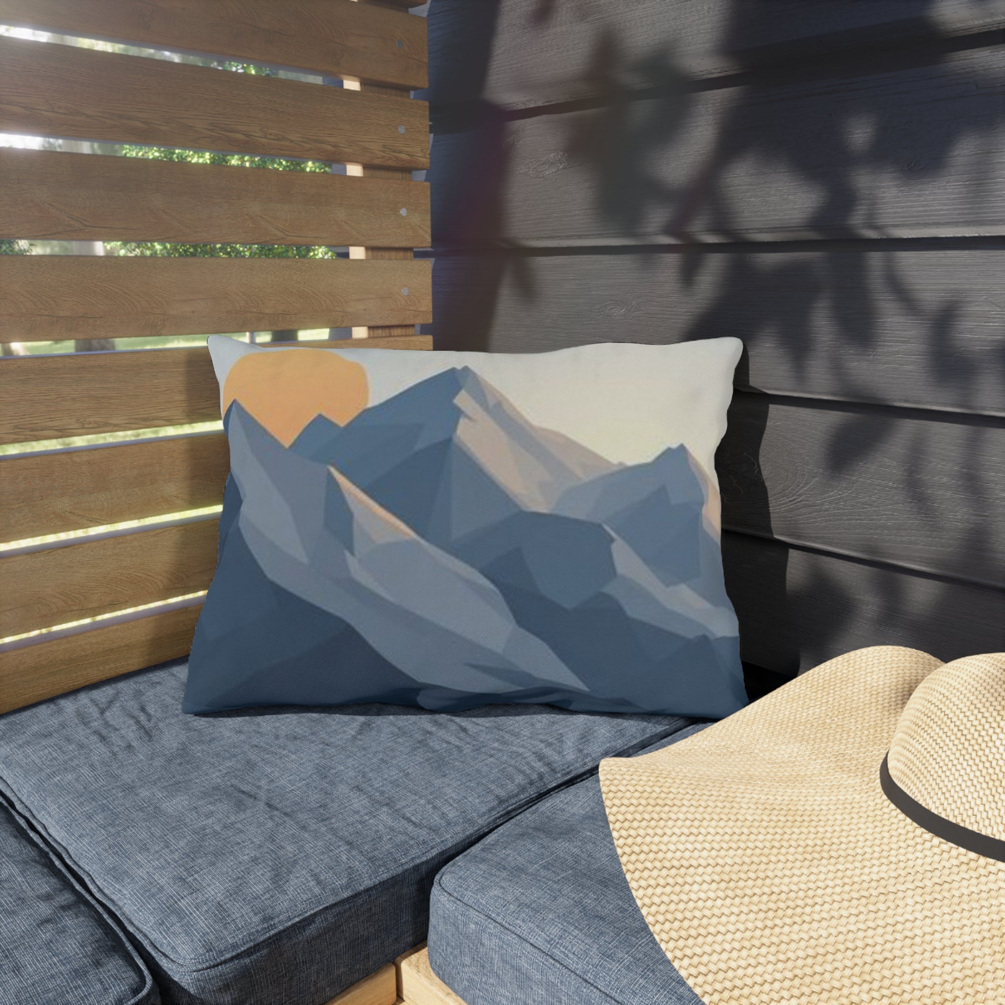 Mountain Sunrise Outdoor Pillow — Geometric Blue Peak Throw Pillow for Patio & Deck