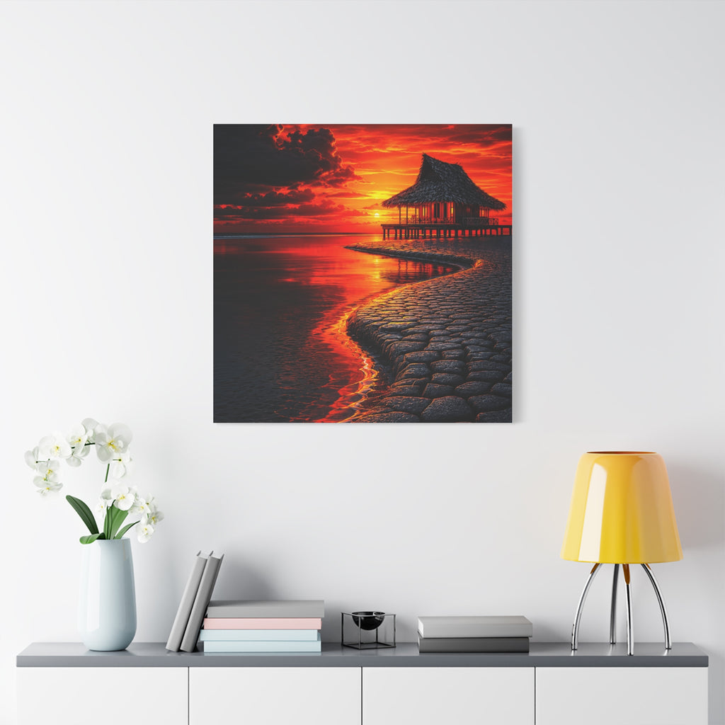 Tropical Sunset Canvas Wall Art — Exotic Hut over Lava-Red Ocean, Matte Stretched 1.25"