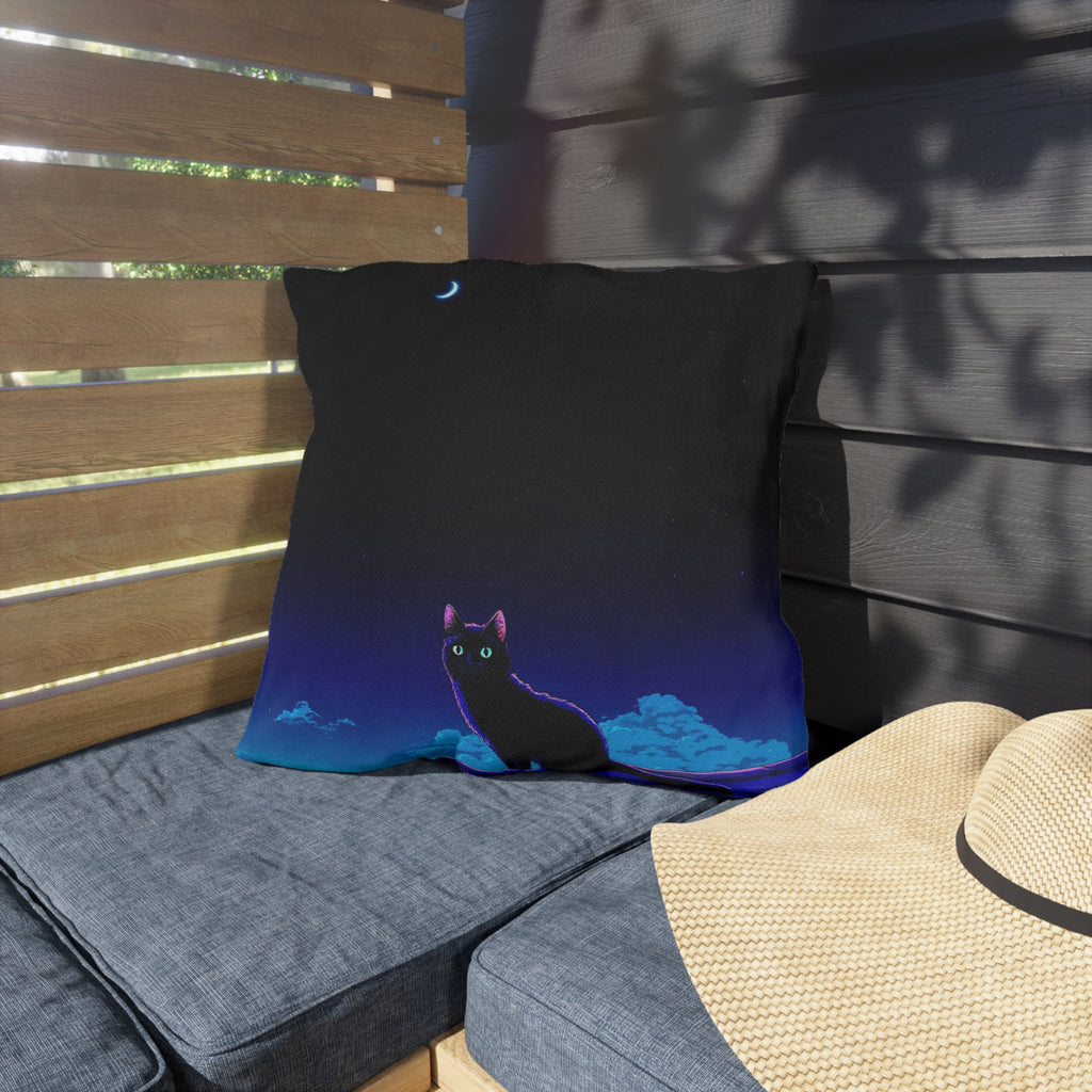 Cat Moon Outdoor Pillow — Night Sky Black Cat Decorative Patio Cushion
